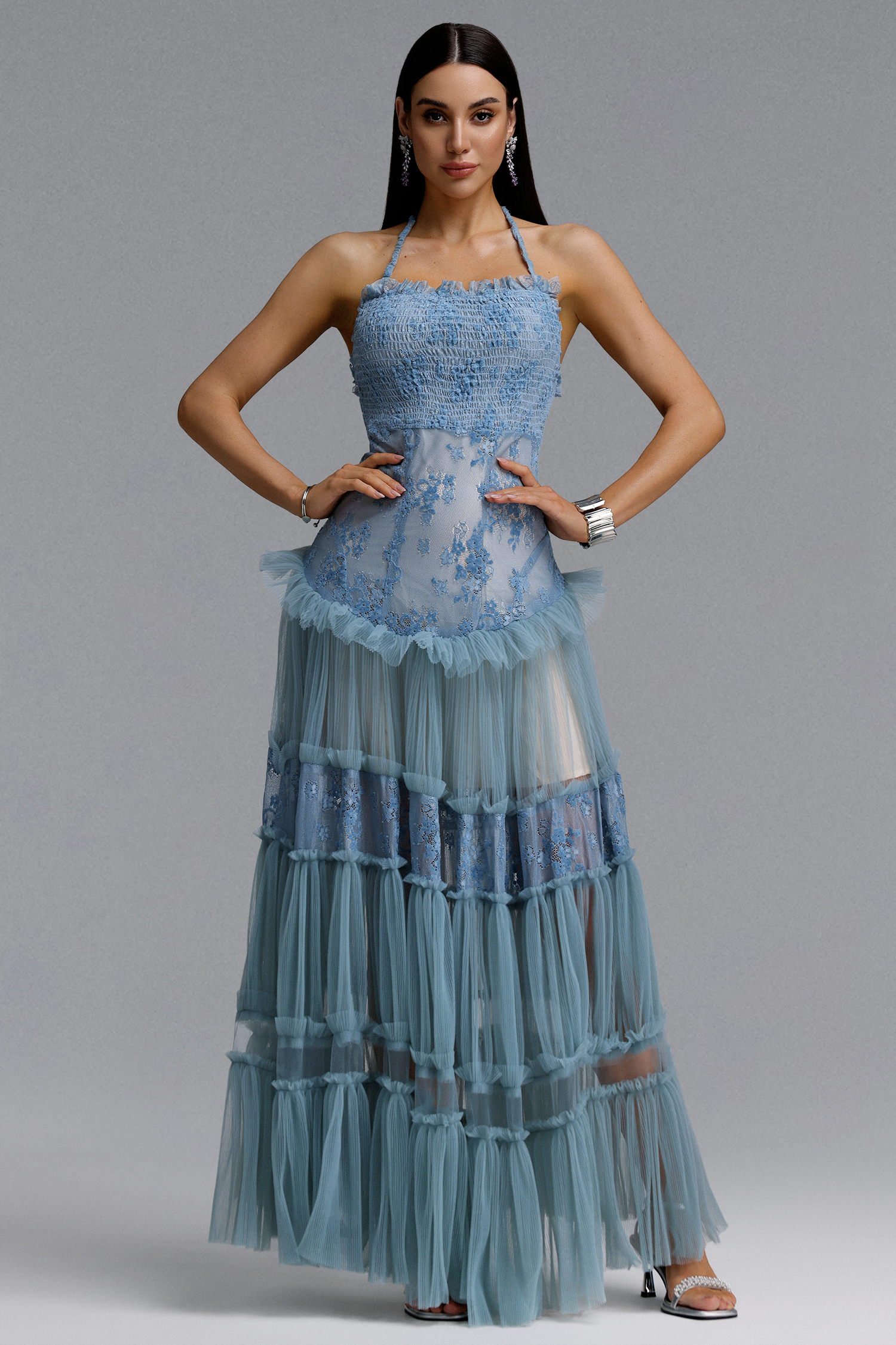Stacy Romantic Contour Halter Floral Lace Tulle Maxi Blue Dress