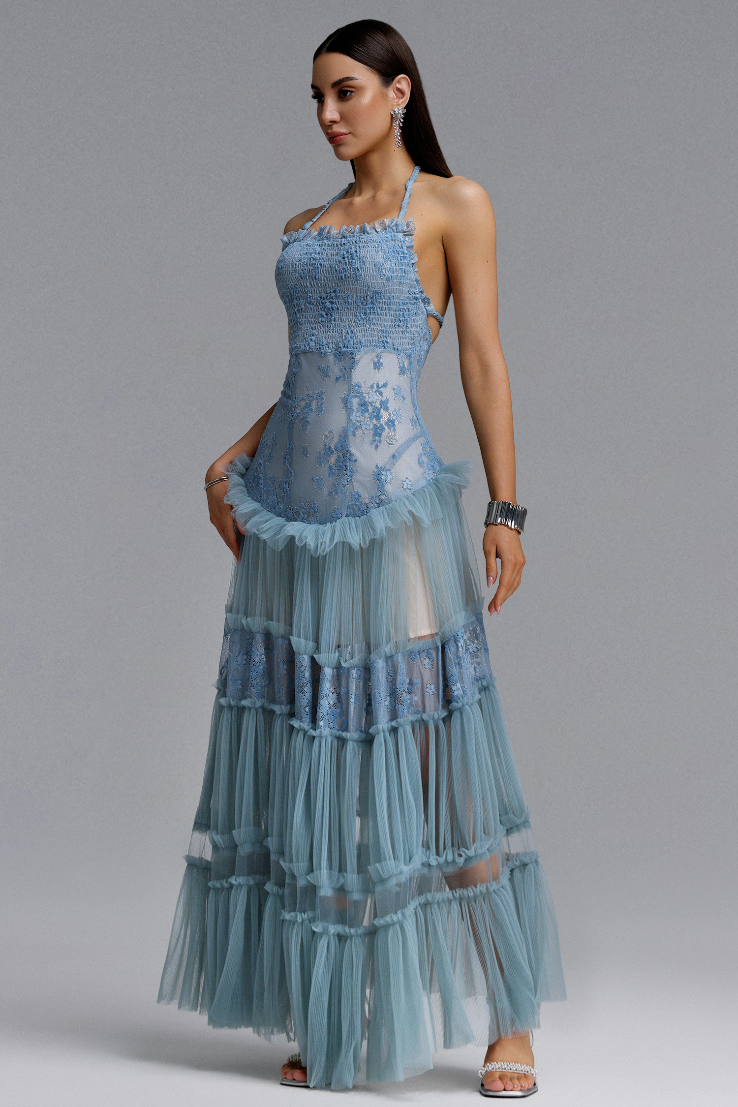 Stacy Romantic Contour Halter Floral Lace Tulle Maxi Blue Dress