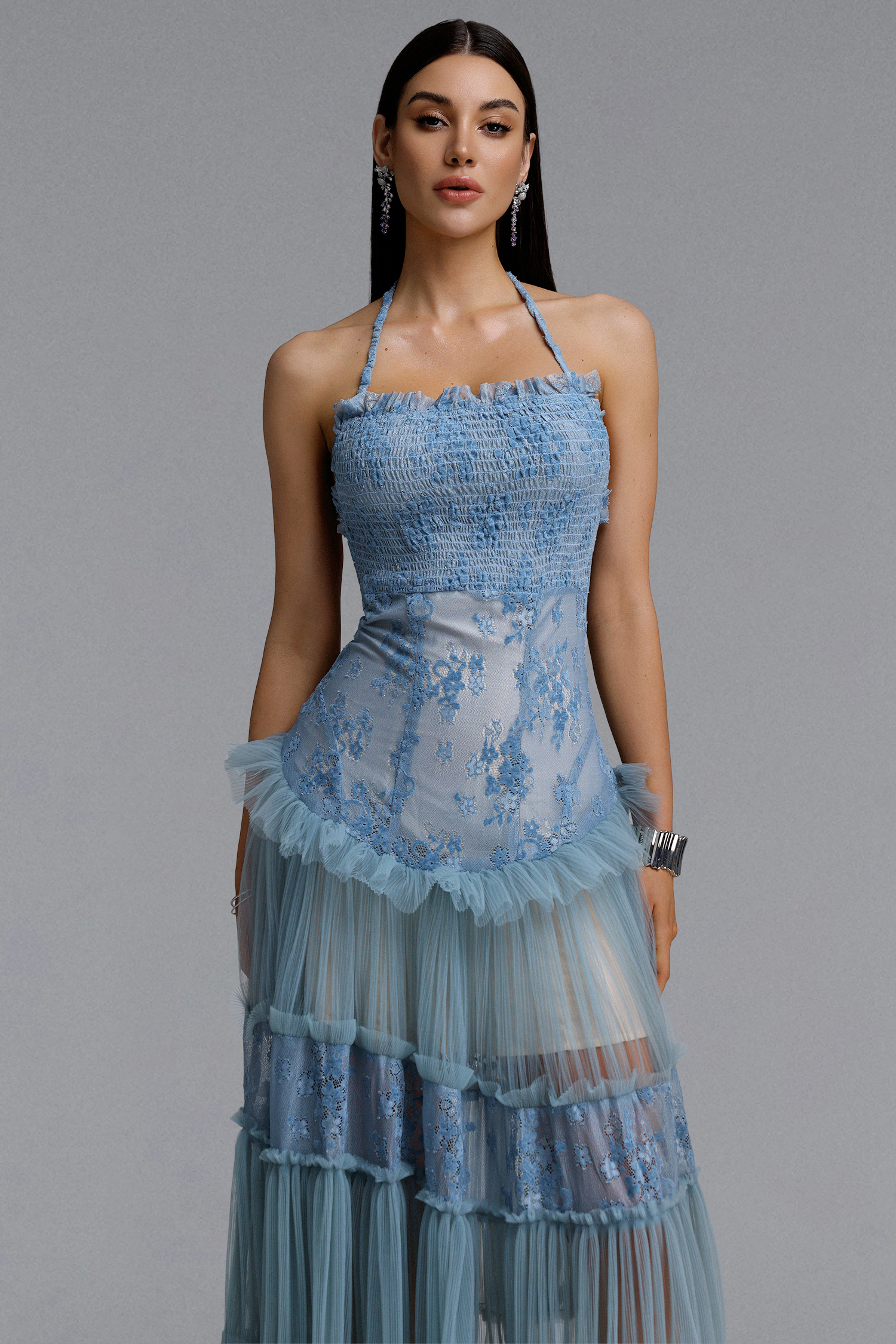 Stacy Romantic Contour Halter Floral Lace Tulle Maxi Blue Dress