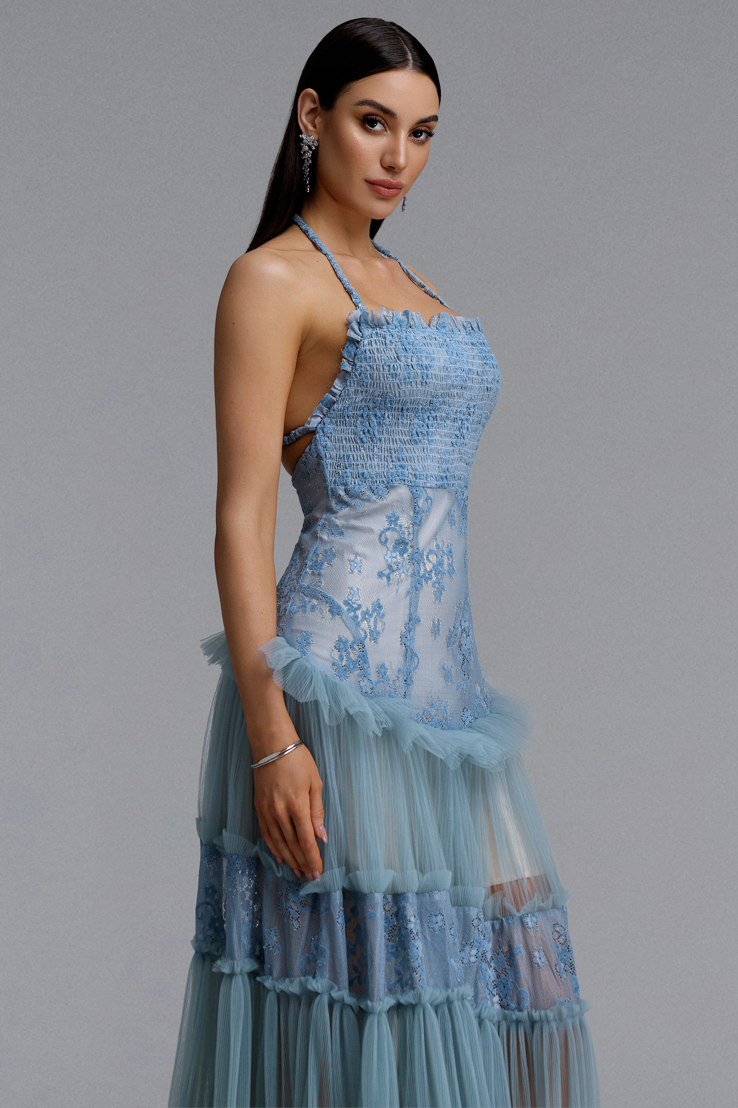 Stacy Romantic Contour Halter Floral Lace Tulle Maxi Blue Dress