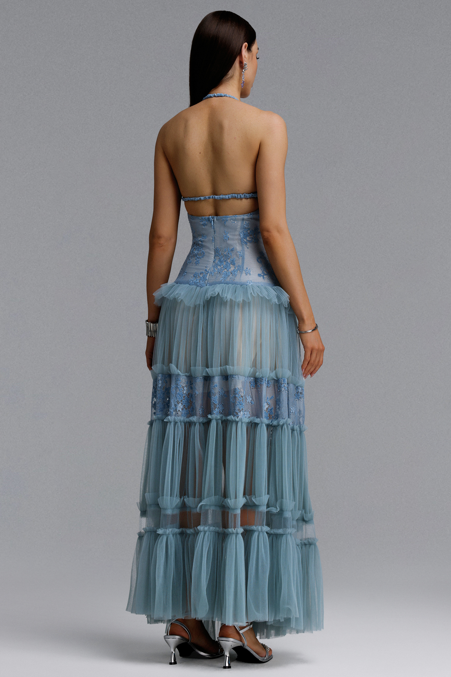 Stacy Romantic Contour Halter Floral Lace Tulle Maxi Blue Dress