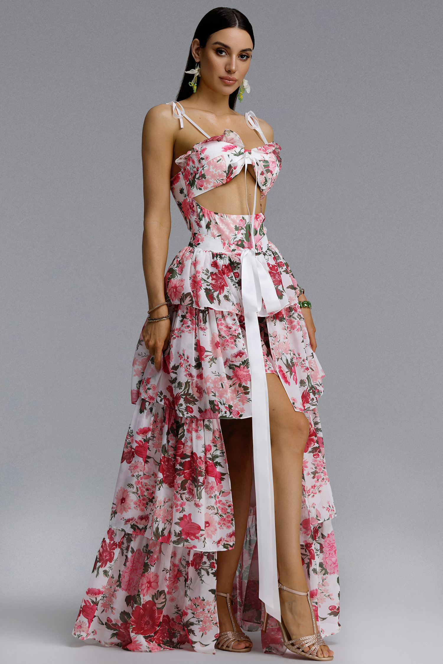 Pale Chic Flowy Halter Cut Out Floral Print Ruffle Pink Maxi Dress