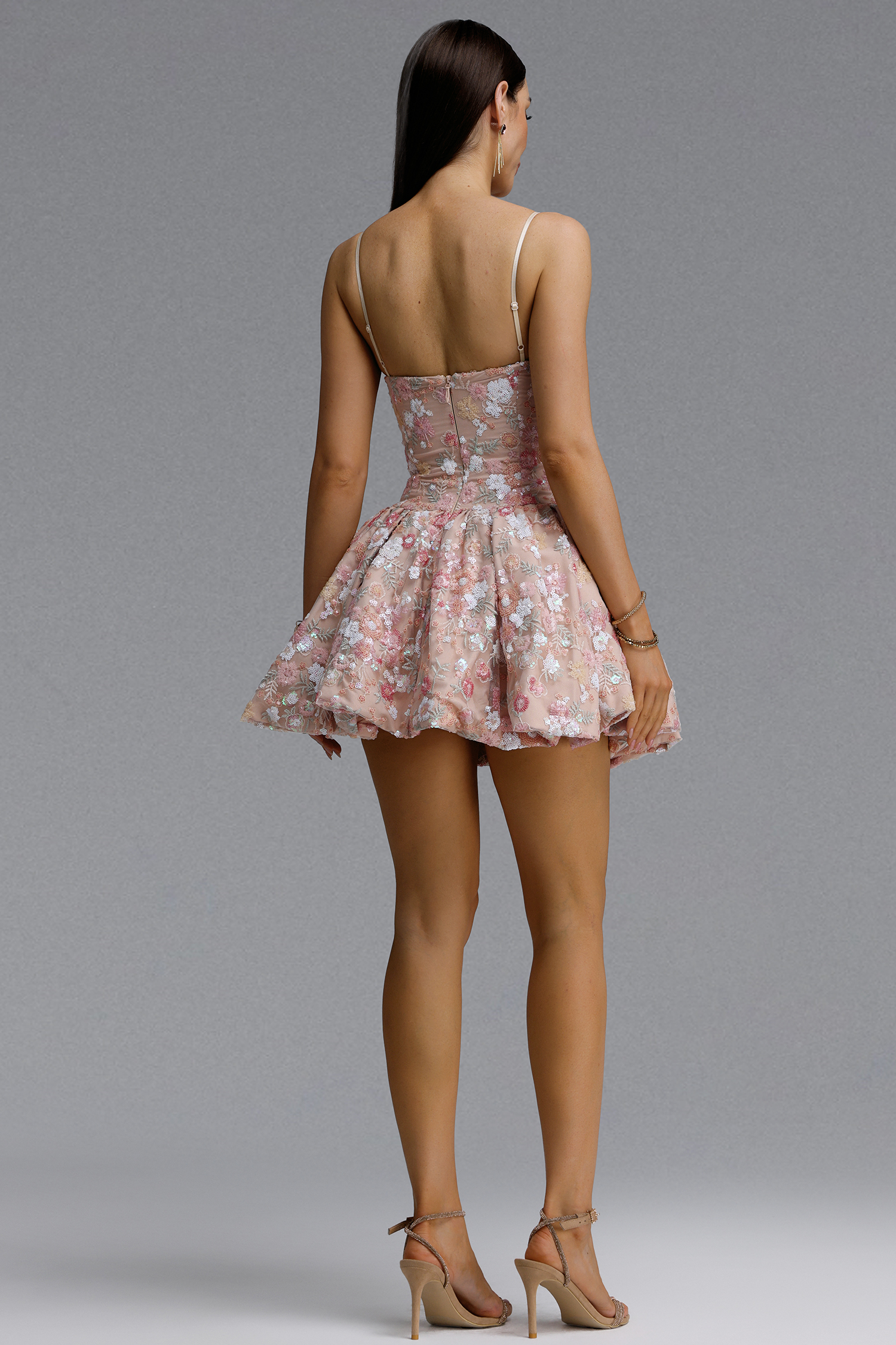 Evvie Romantic Contour Sweetheart Corset Floral Sequin Tulle Pink Mini Dress