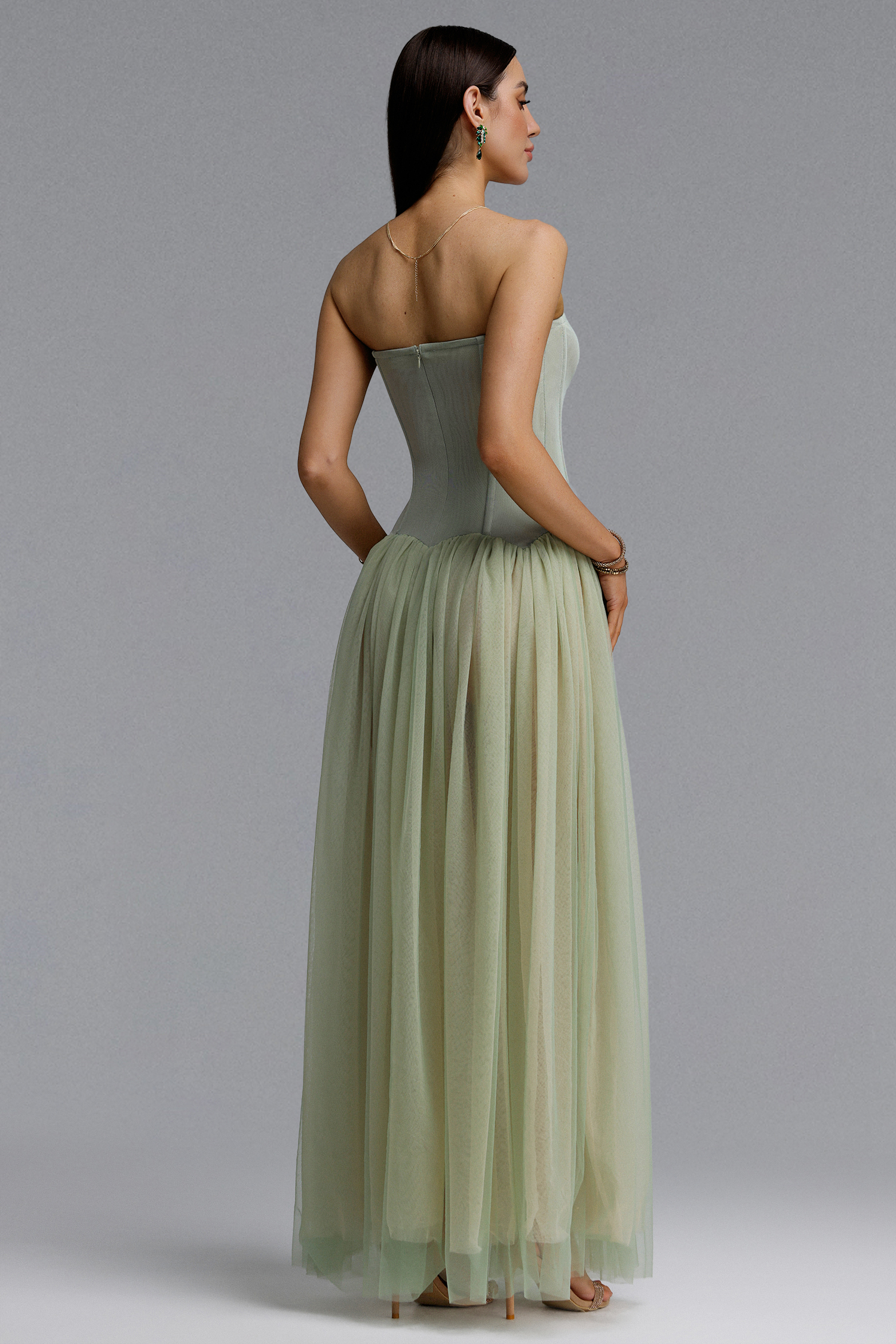 Reese Romantic Contour Strapless Corset Tulle Bandage Maxi Dress