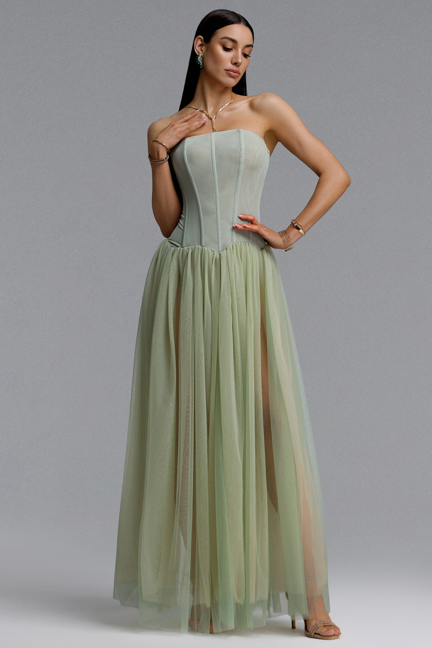 Reese Romantic Contour Strapless Corset Tulle Bandage Maxi Dress