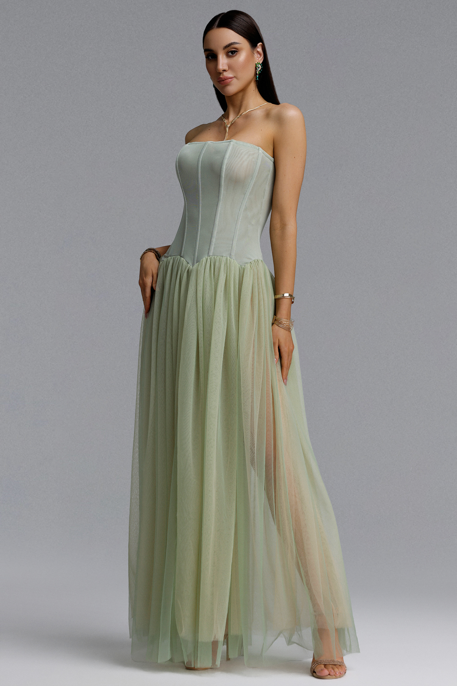 Reese Romantic Contour Strapless Corset Tulle Bandage Maxi Dress