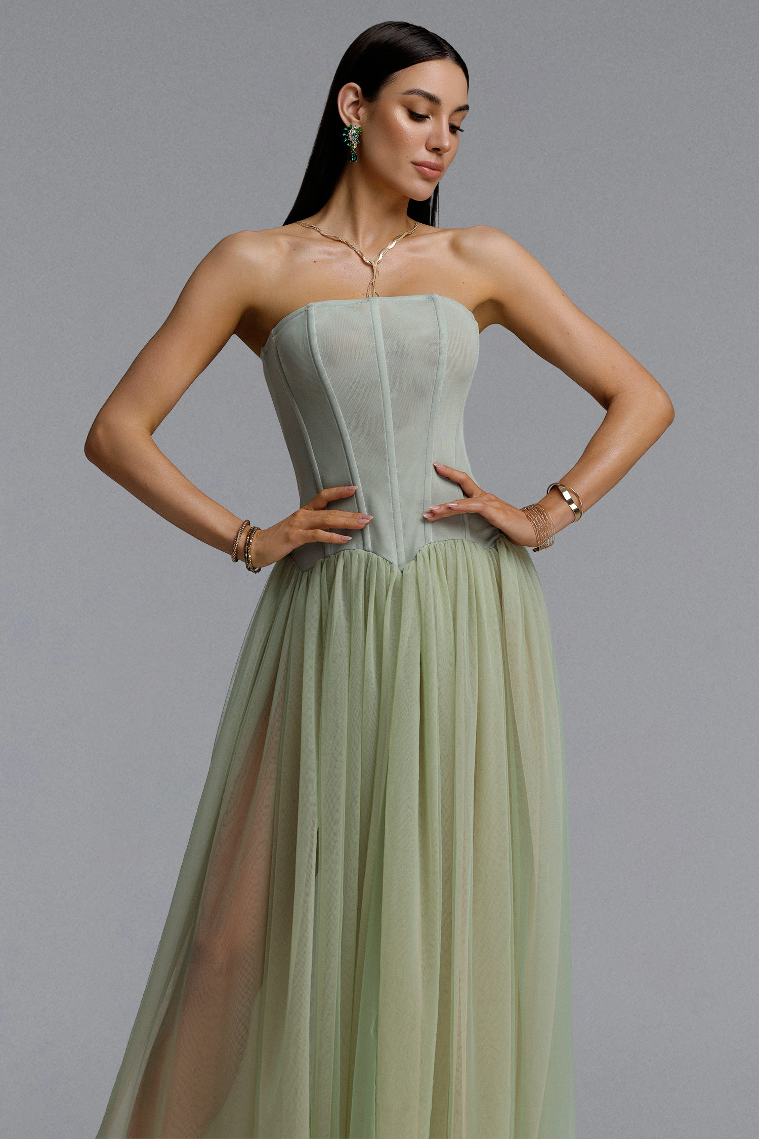 Reese Romantic Contour Strapless Corset Tulle Bandage Maxi Dress