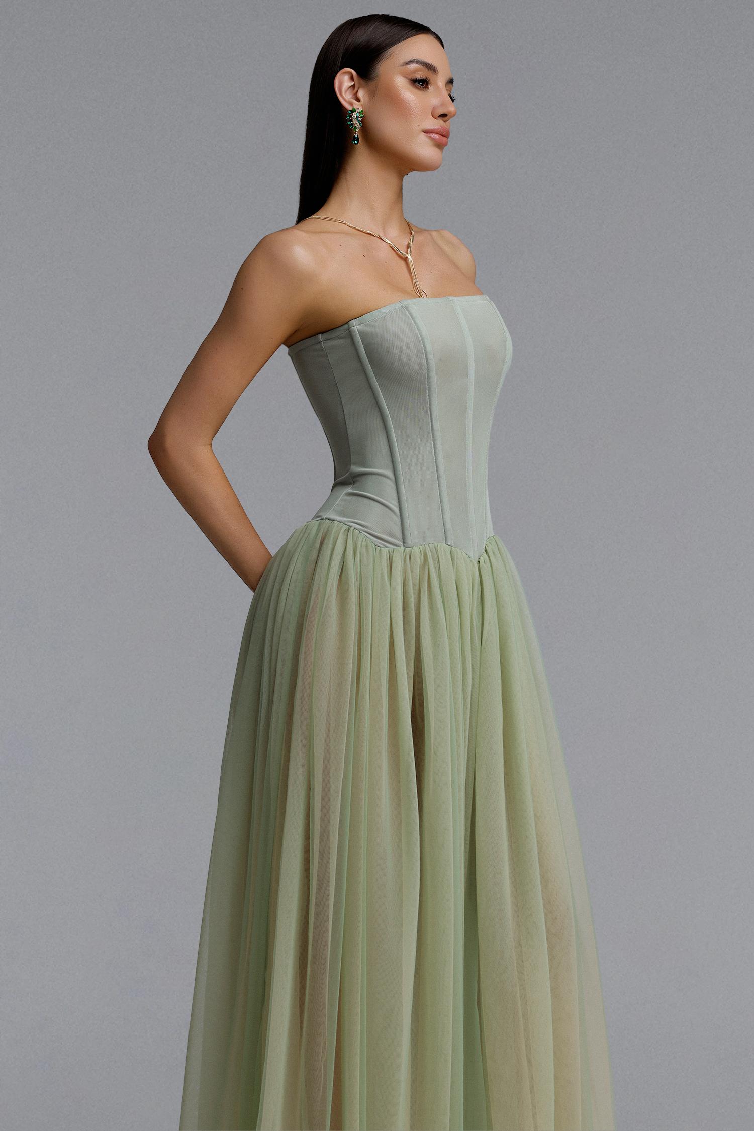Reese Romantic Contour Strapless Corset Tulle Bandage Maxi Dress