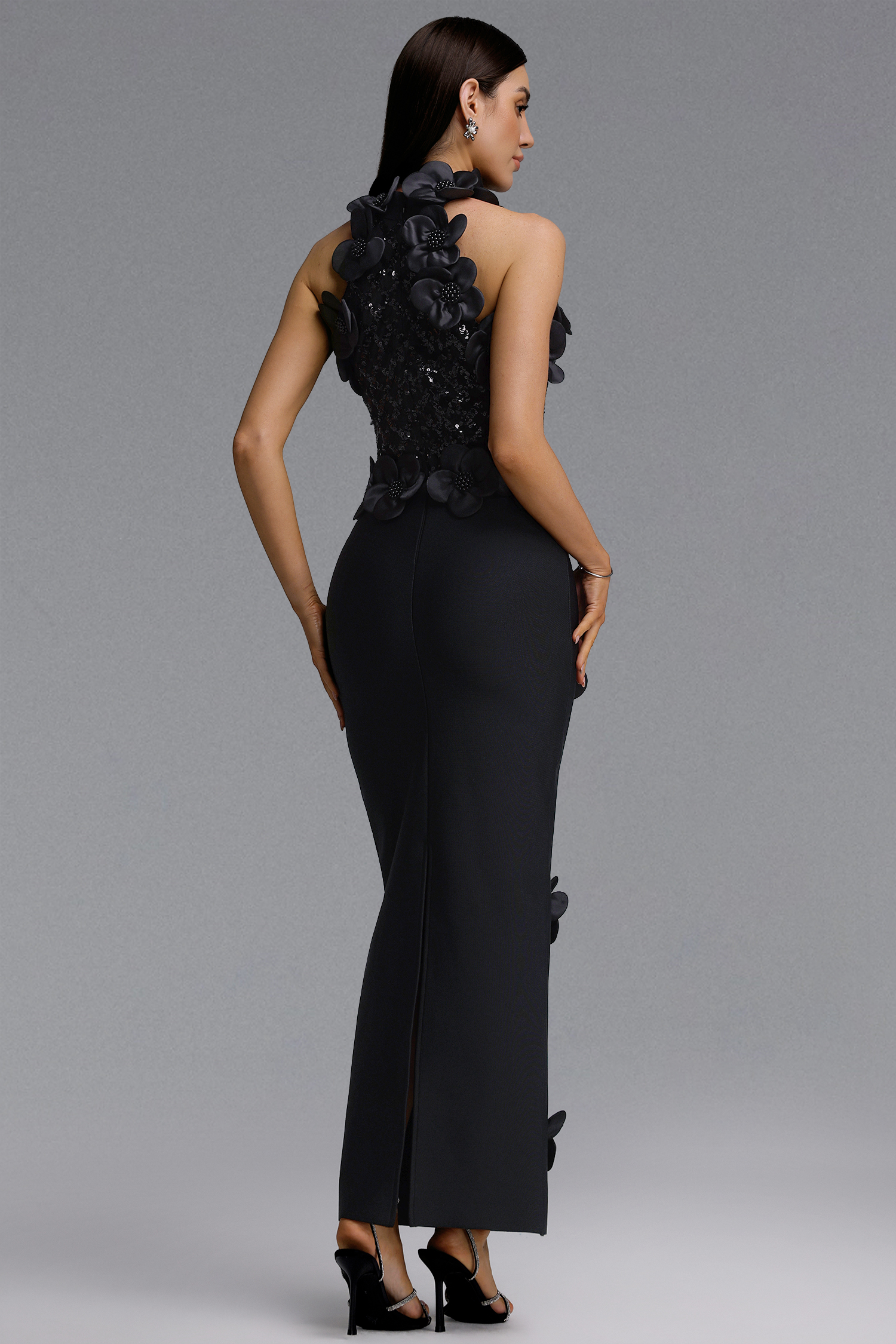 Giela Oria Glamorous Contour Pearl Floral Bandage Black Maxi Dress