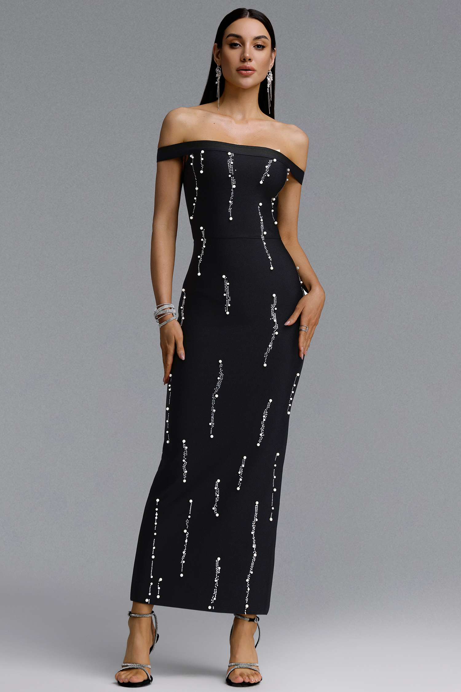 Doro Chic Contour Off Shoulder Pearl Rhinestone Vertical Bandage Maxi Dress