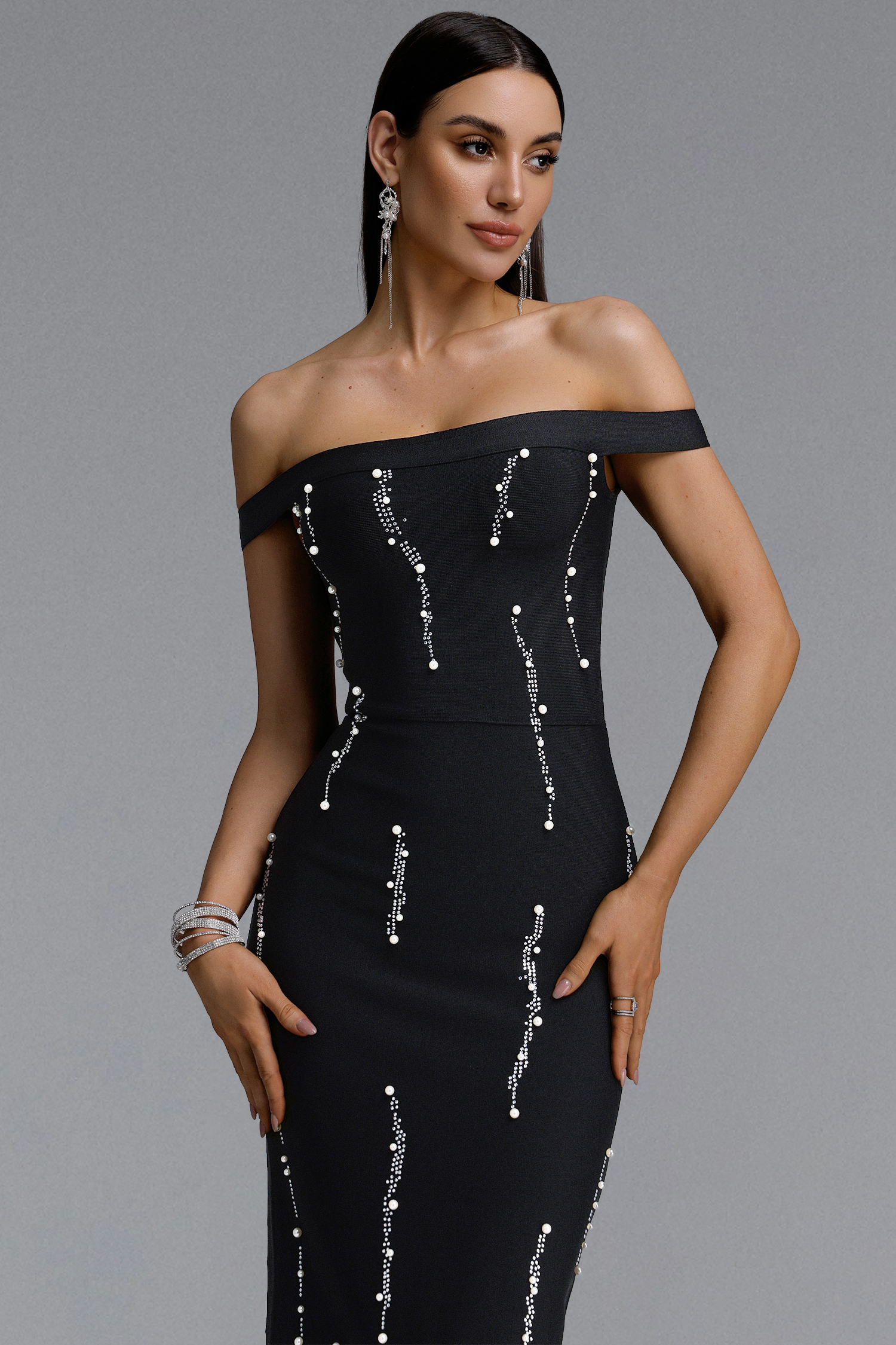 Doro Chic Contour Off Shoulder Pearl Rhinestone Vertical Bandage Maxi Dress