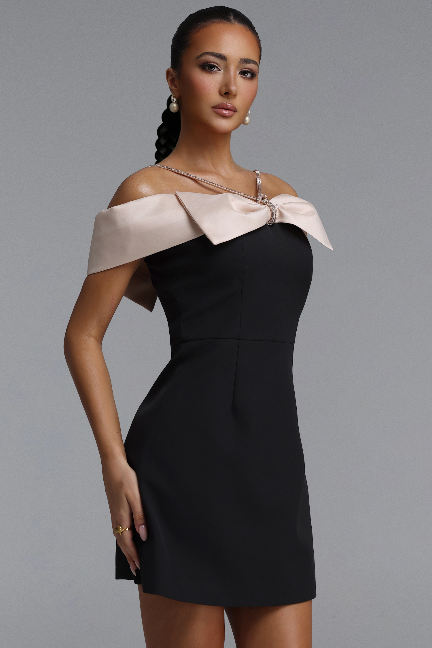Zore Elegant Tailored Off Shoulder Rhinestone Bow Woven Mini Dress
