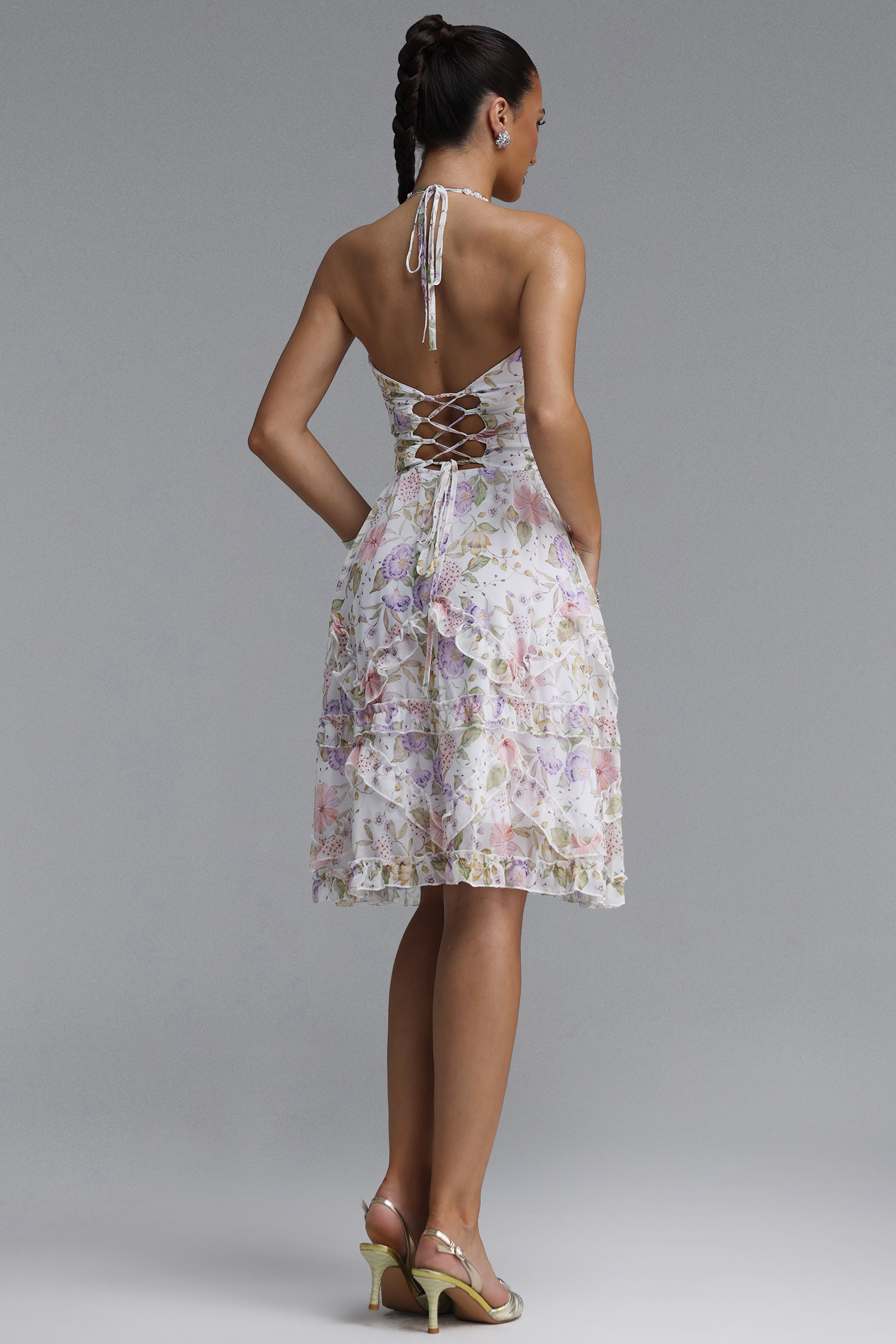 Lacey Resort Flowy V Neck Sleeveless Rhinestone Floral Print Woven Mini Dress