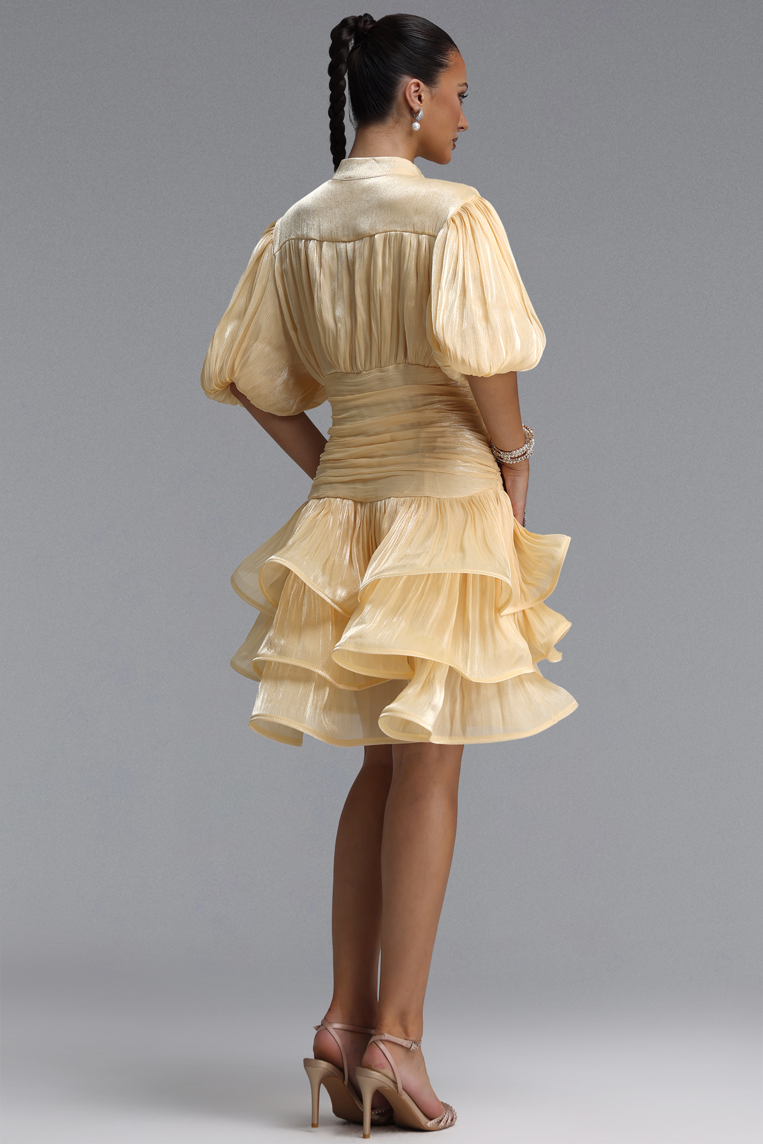 Fagra Resort Flowy Puff Sleeve Ruffle Shimmer Satin Mini Dress