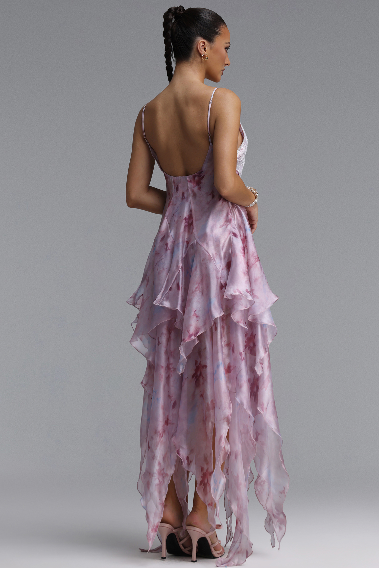 Yuni Resort Flowy Spaghetti Strap Lace Trimmed Asymmetric Ruffle Woven Maxi Dress