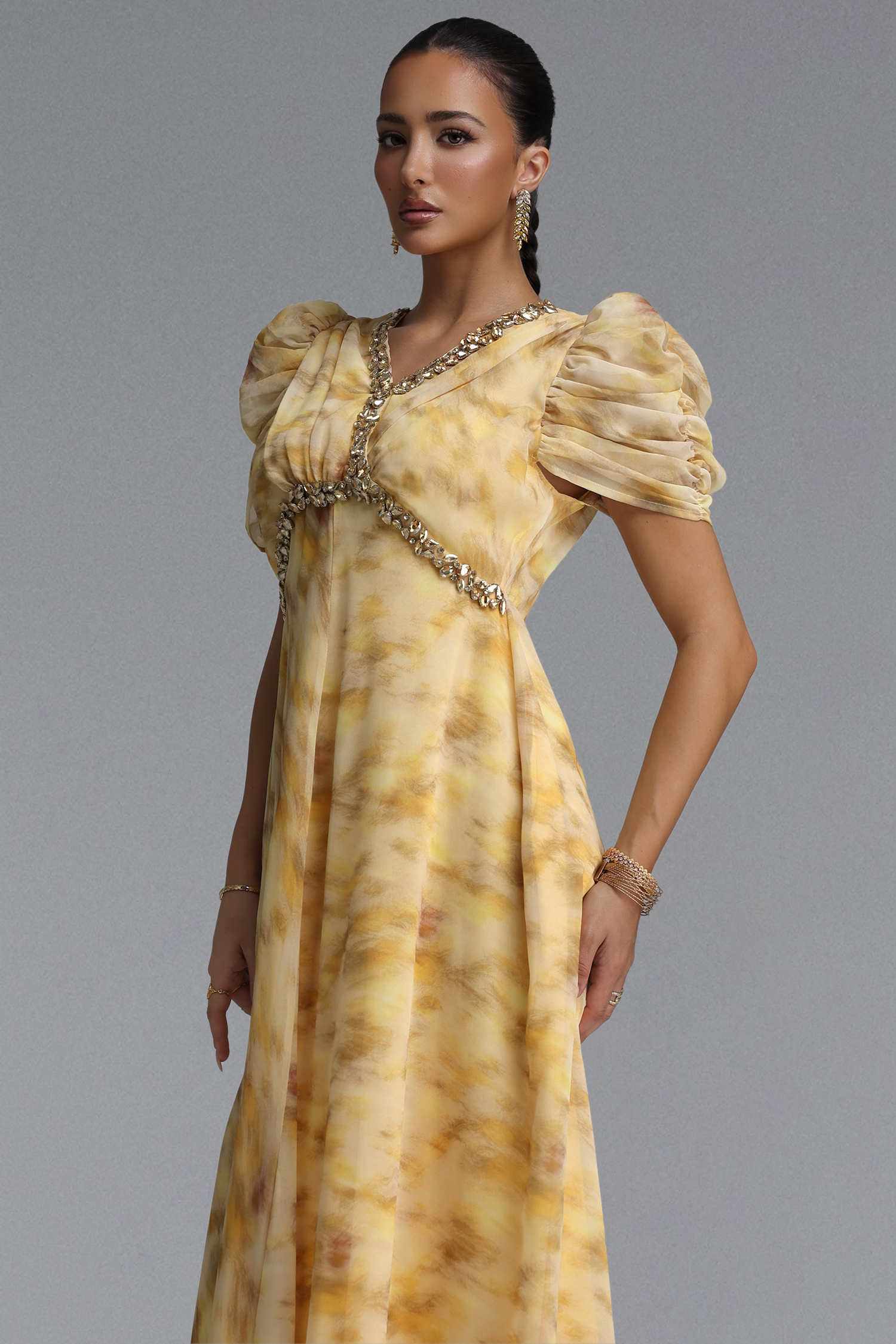 Dye Resort Flowy V Neck Puff Sleeve Rhinestone Chiffon Maxi Dress
