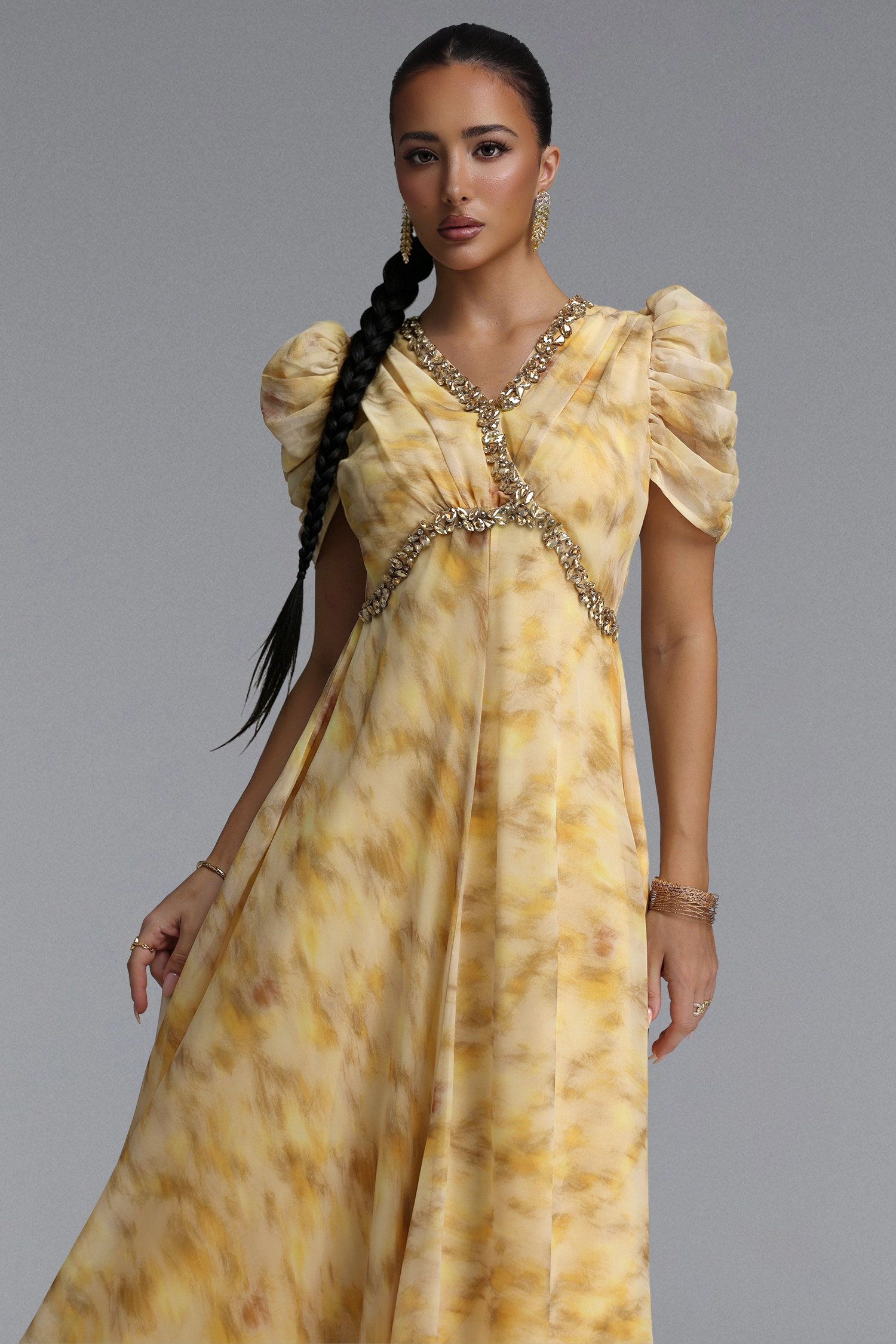 Dye Resort Flowy V Neck Puff Sleeve Rhinestone Chiffon Maxi Dress