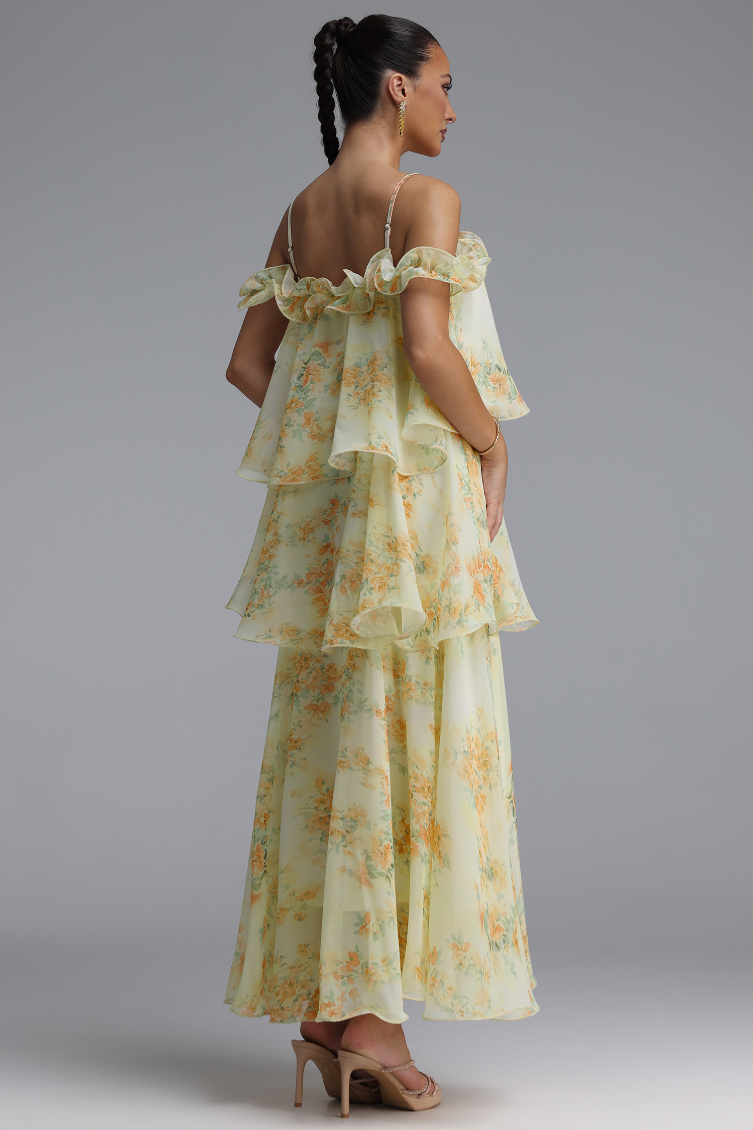 Tasanee Resort Flowy Spaghetti Strap Ruffle Floral Print Chiffon Maxi Dress