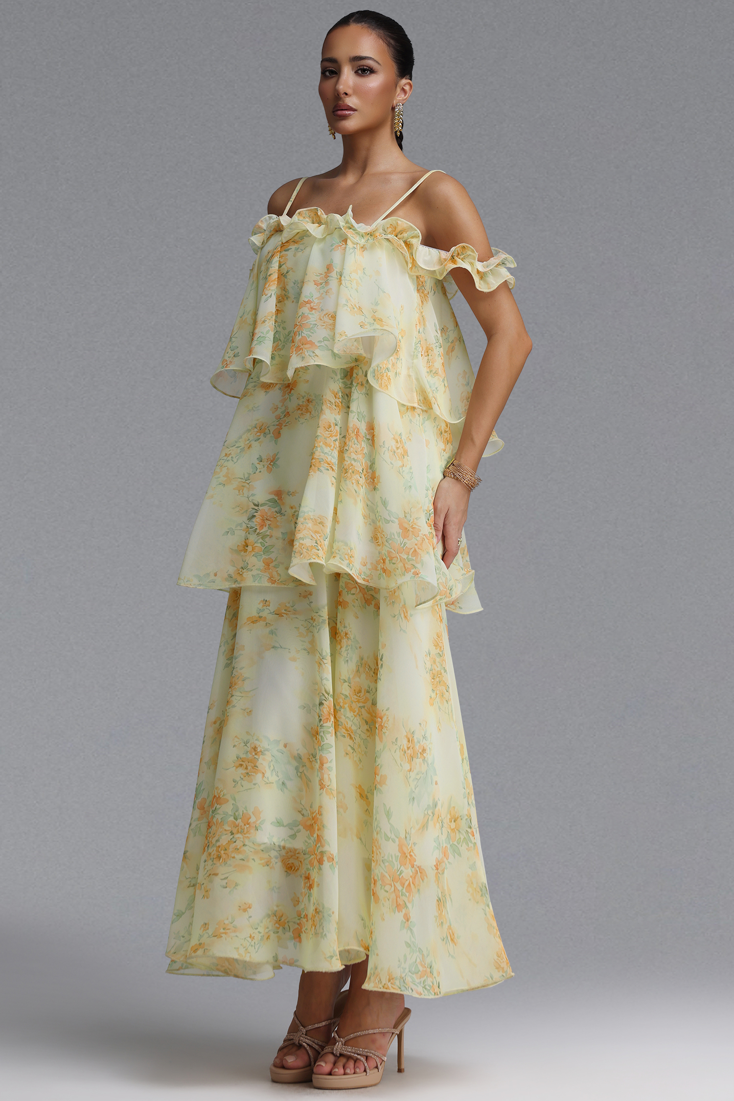 Tasanee Resort Flowy Spaghetti Strap Ruffle Floral Print Chiffon Maxi Dress