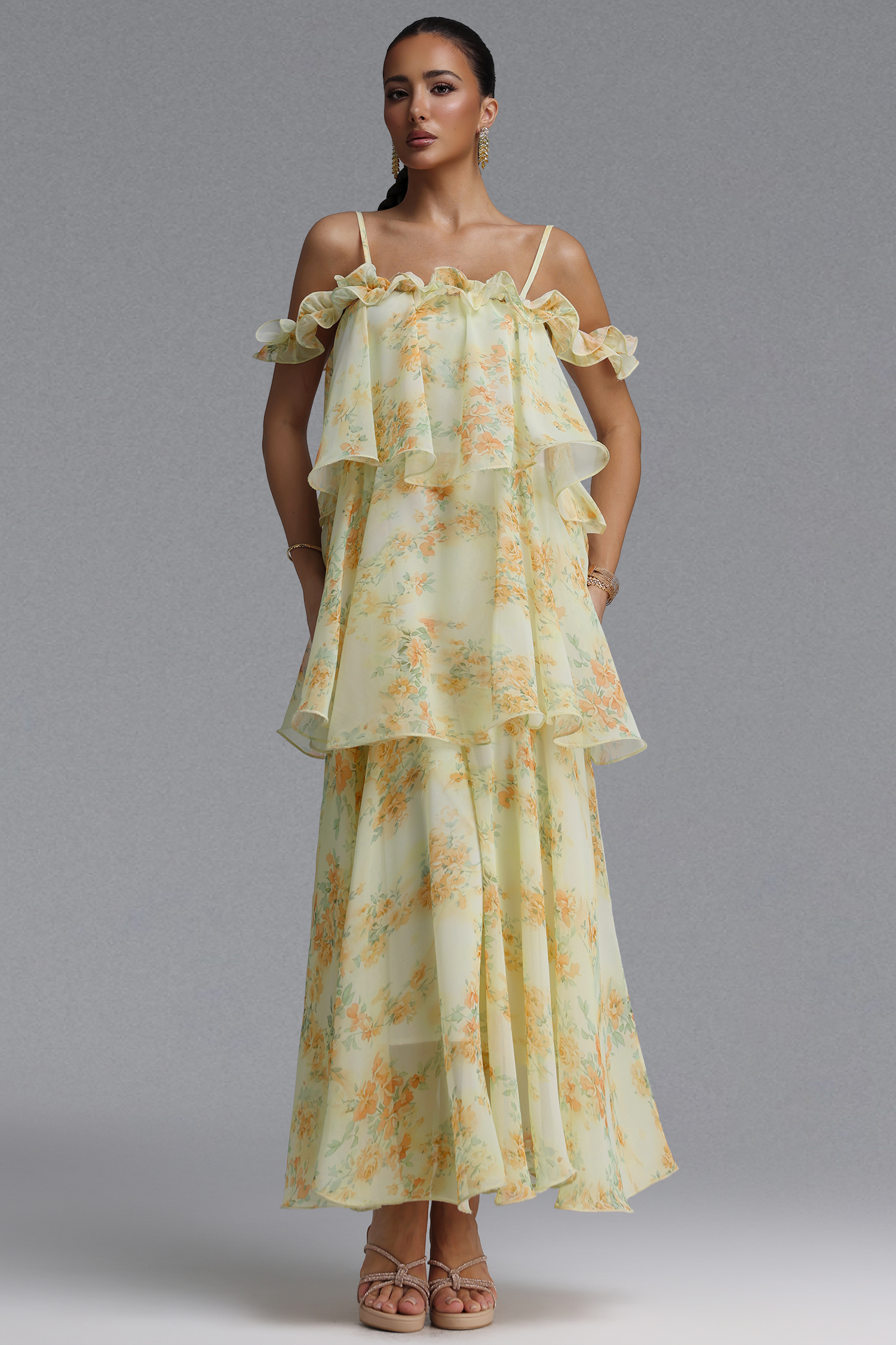 Tasanee Resort Flowy Spaghetti Strap Ruffle Floral Print Chiffon Maxi Dress