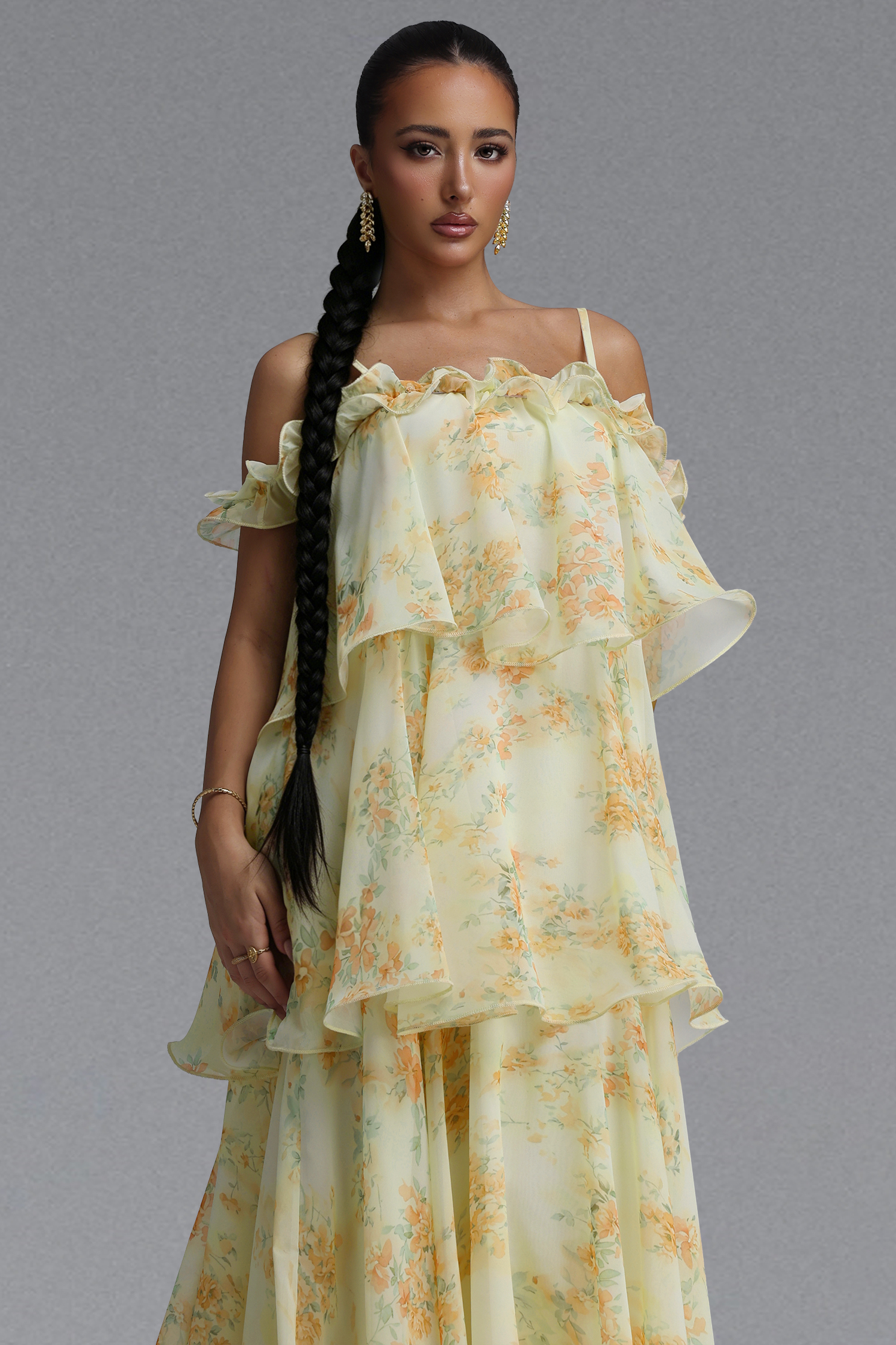 Tasanee Resort Flowy Spaghetti Strap Ruffle Floral Print Chiffon Maxi Dress