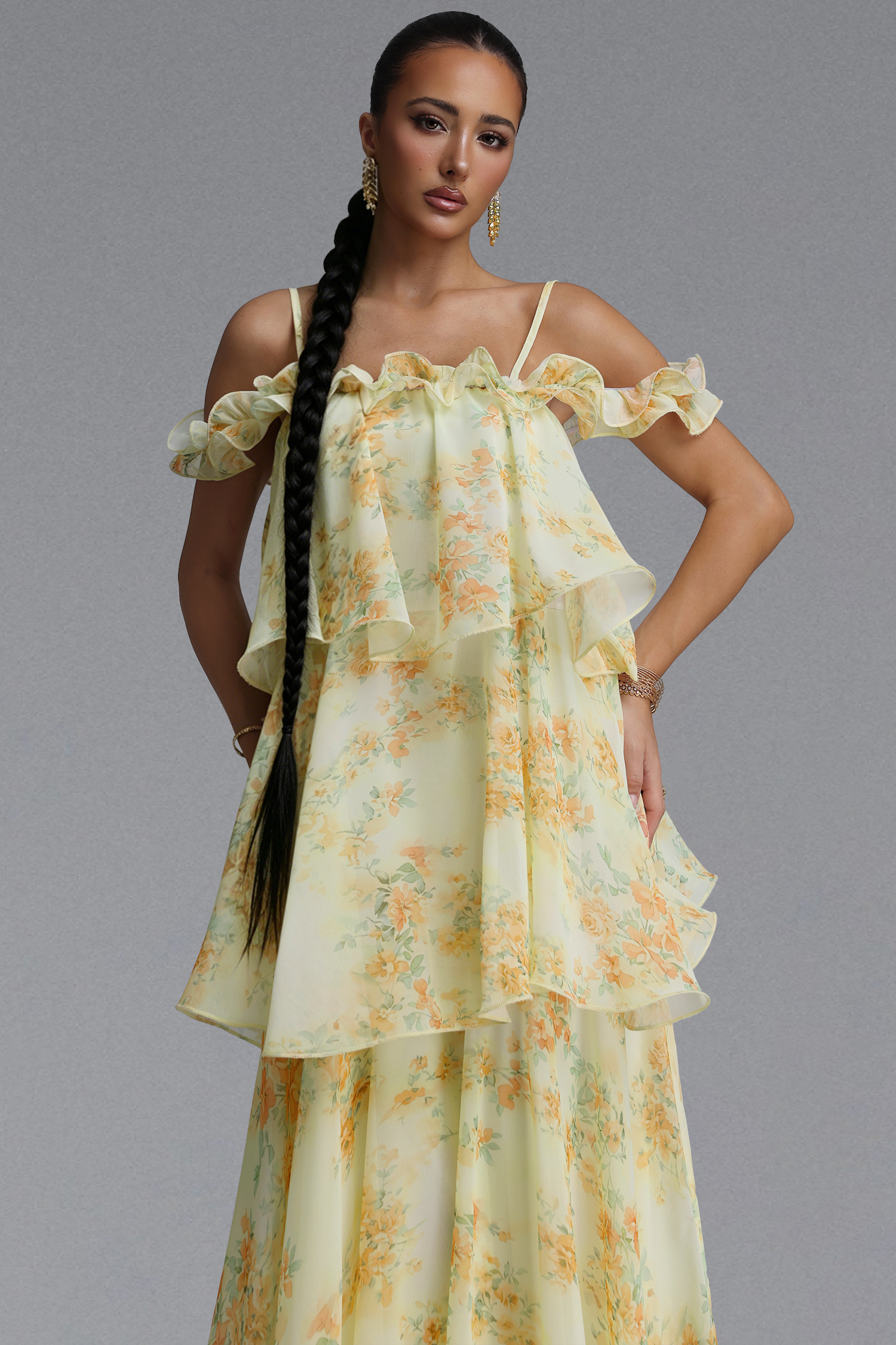 Tasanee Resort Flowy Spaghetti Strap Ruffle Floral Print Chiffon Maxi Dress