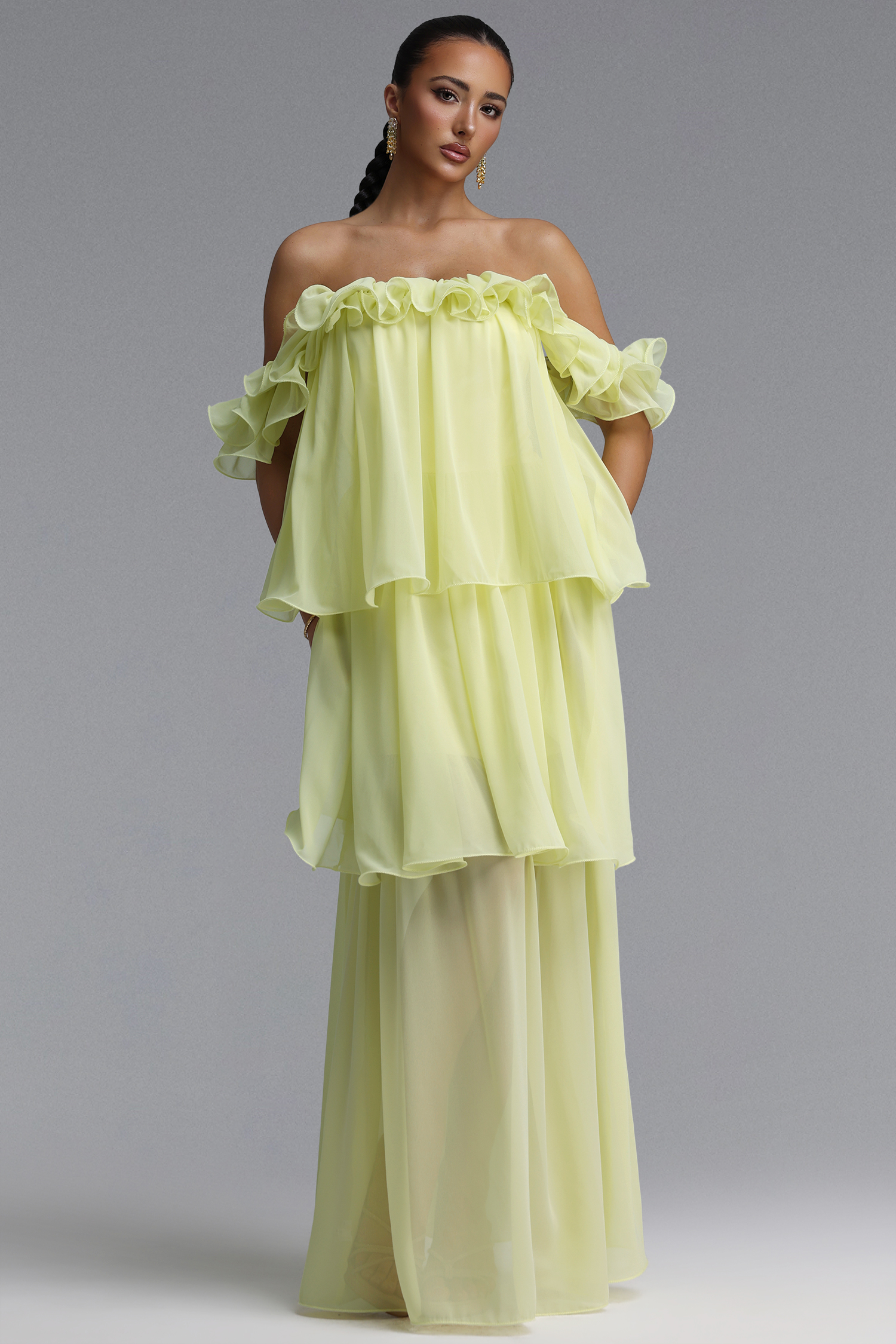 Lave Resort Flowy Off Shoulder Ruffle Woven Maxi Dress