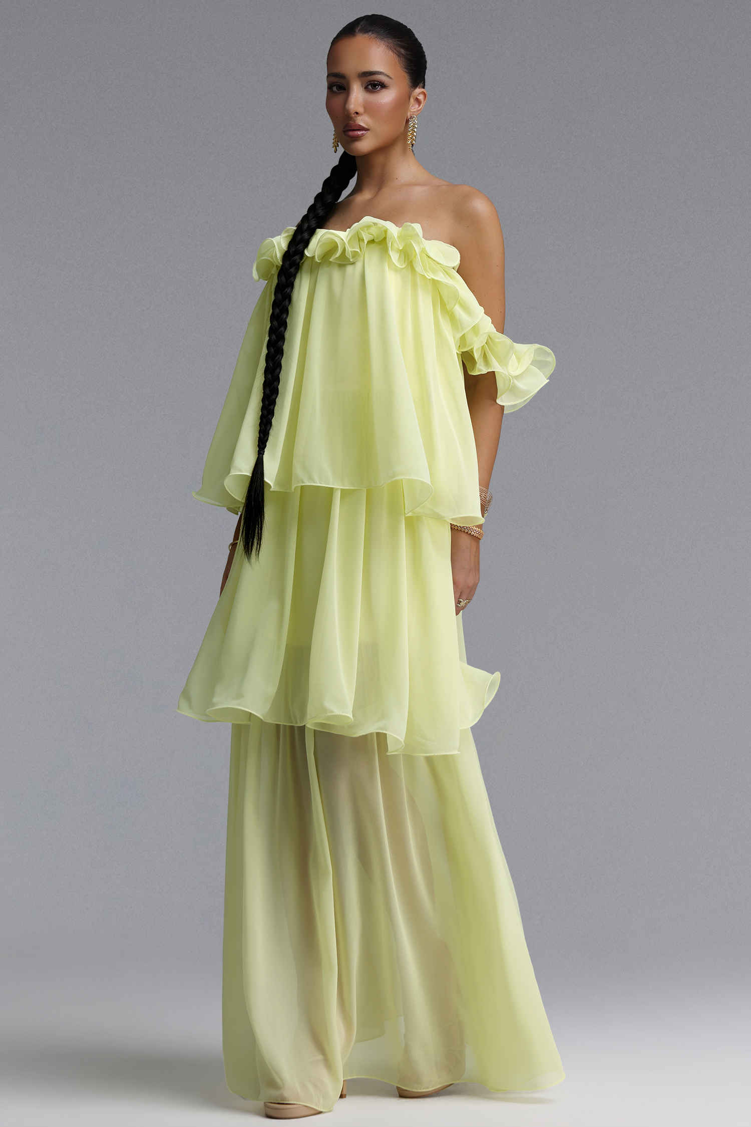 Lave Resort Flowy Off Shoulder Ruffle Woven Maxi Dress