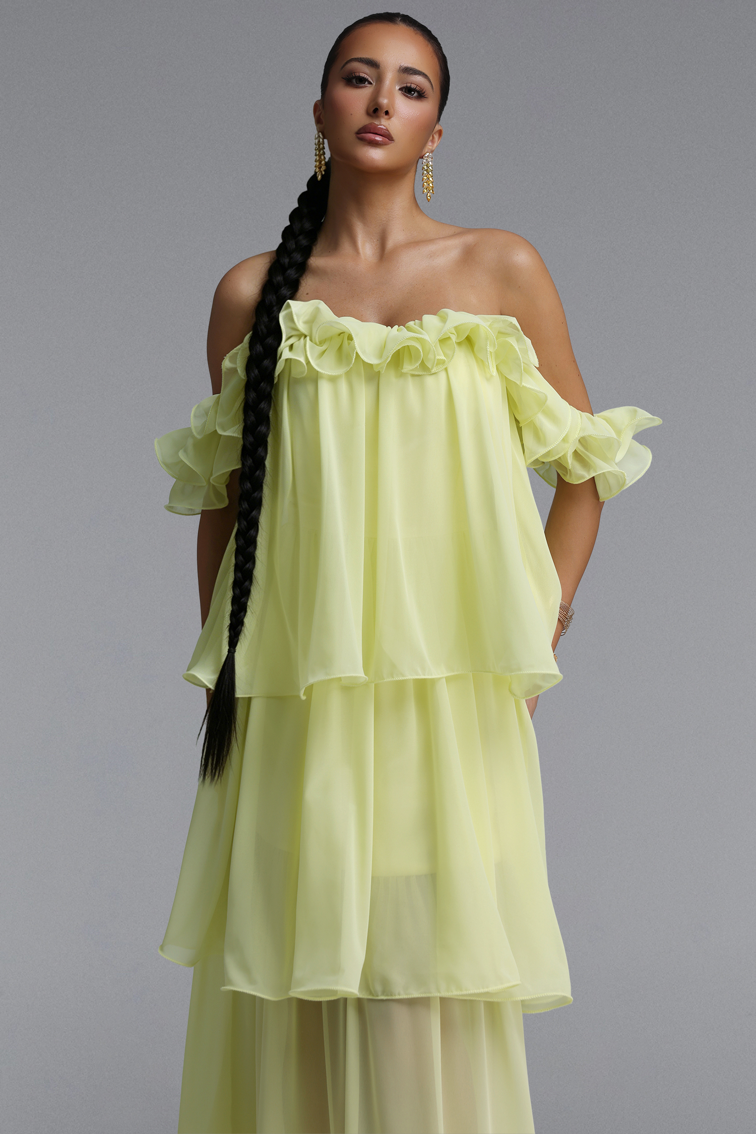 Lave Resort Flowy Off Shoulder Ruffle Woven Maxi Dress