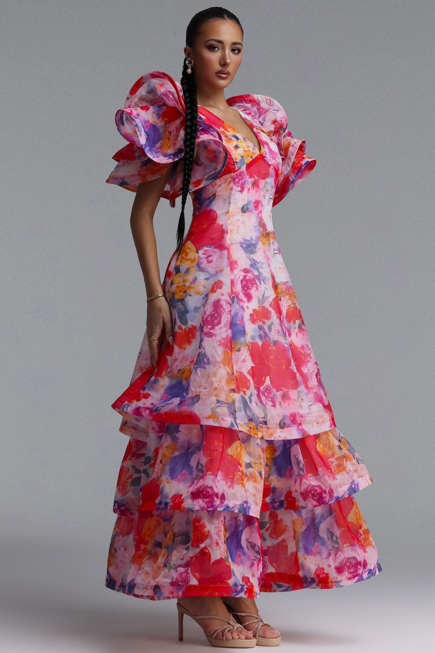 Wenie Printed V-Neck Folds Layered Maxi Dress