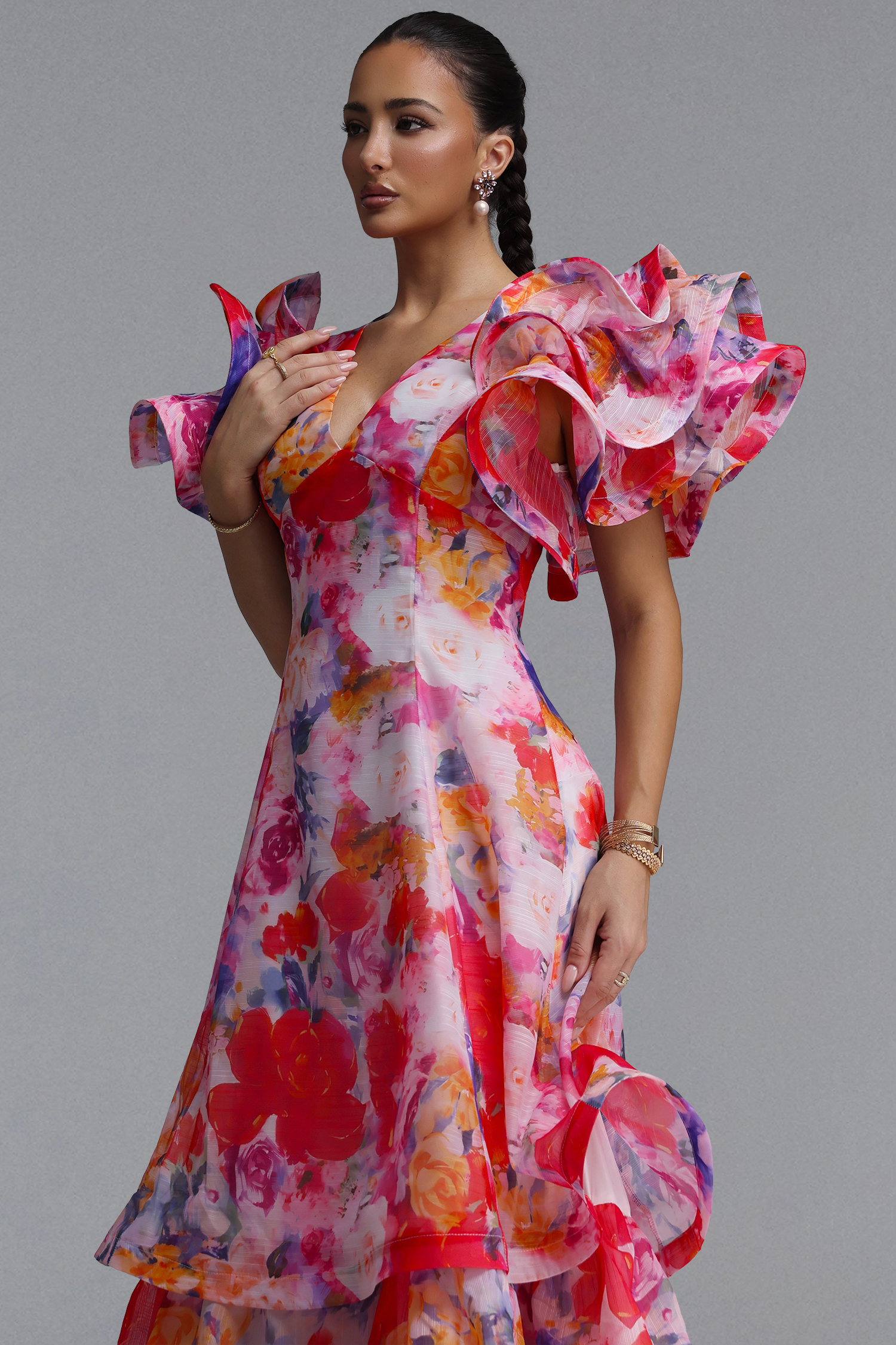 Wenie Printed V-Neck Folds Layered Maxi Dress