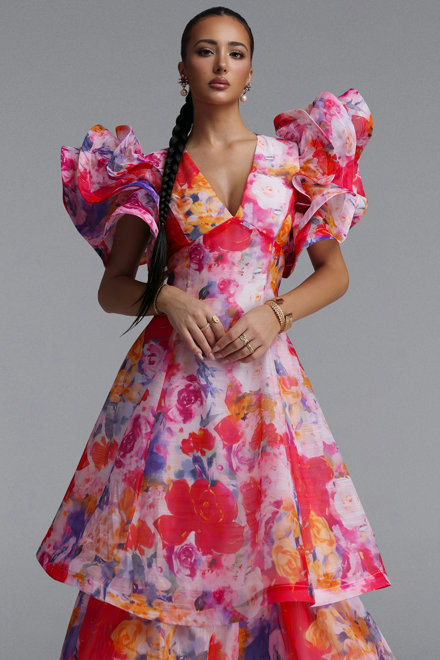 Wenie Printed V-Neck Folds Layered Maxi Dress