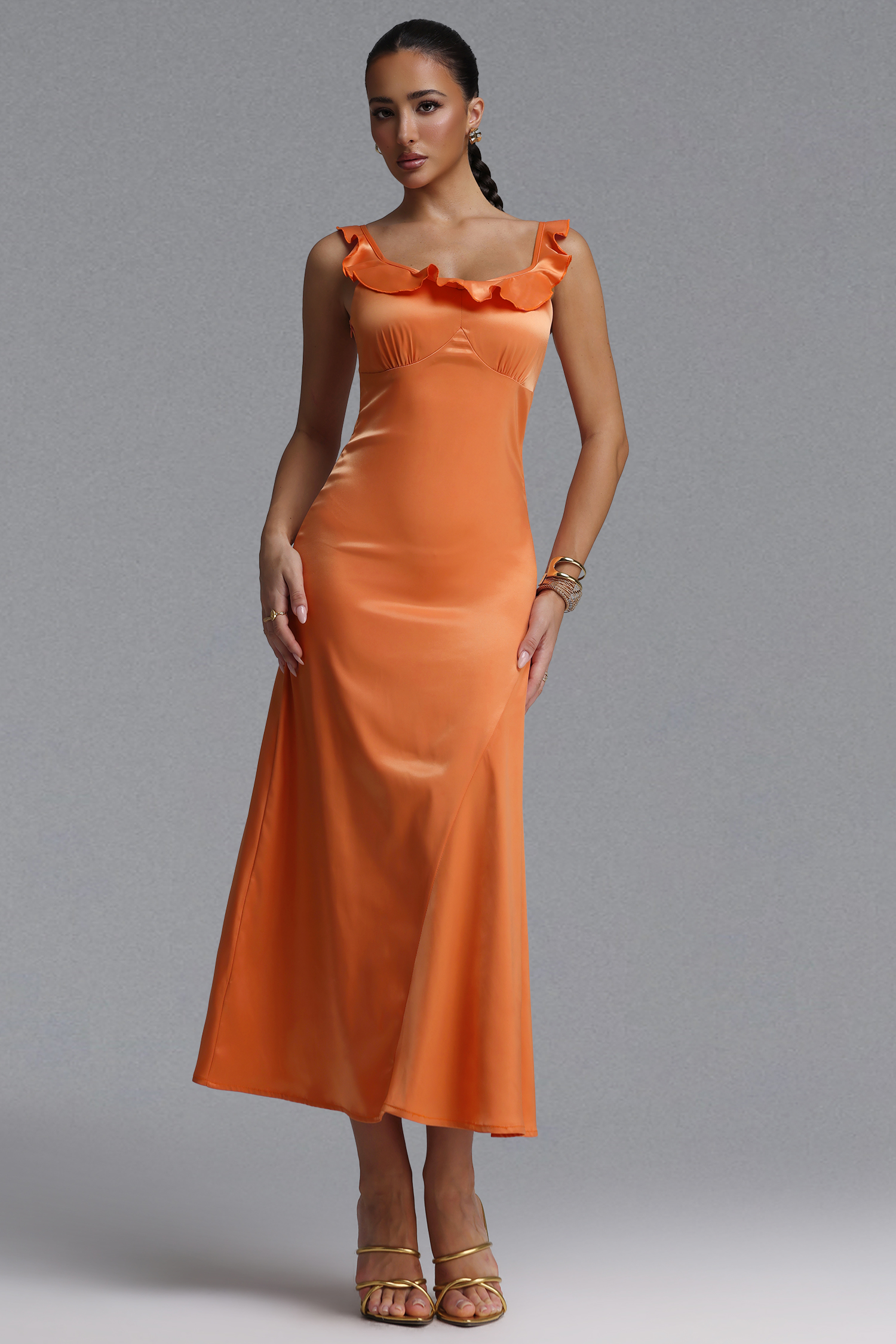 Hacaki Elegant Tailored Ruffle Sleeveless Satin Maxi Dress