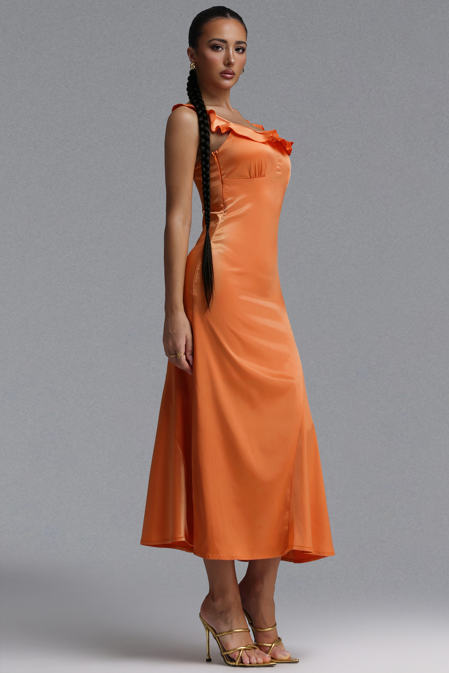 Hacaki Elegant Tailored Ruffle Sleeveless Satin Maxi Dress