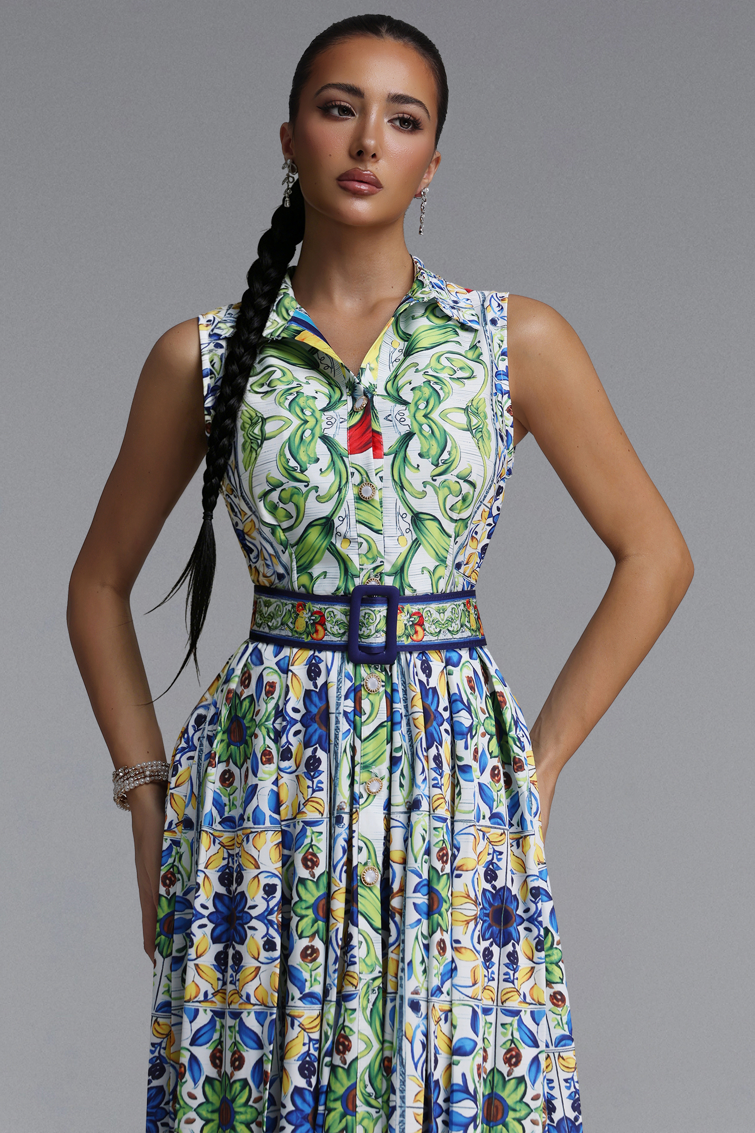 Saffie Resort Tailored Sleeveless Floral Print Woven Midi Dress