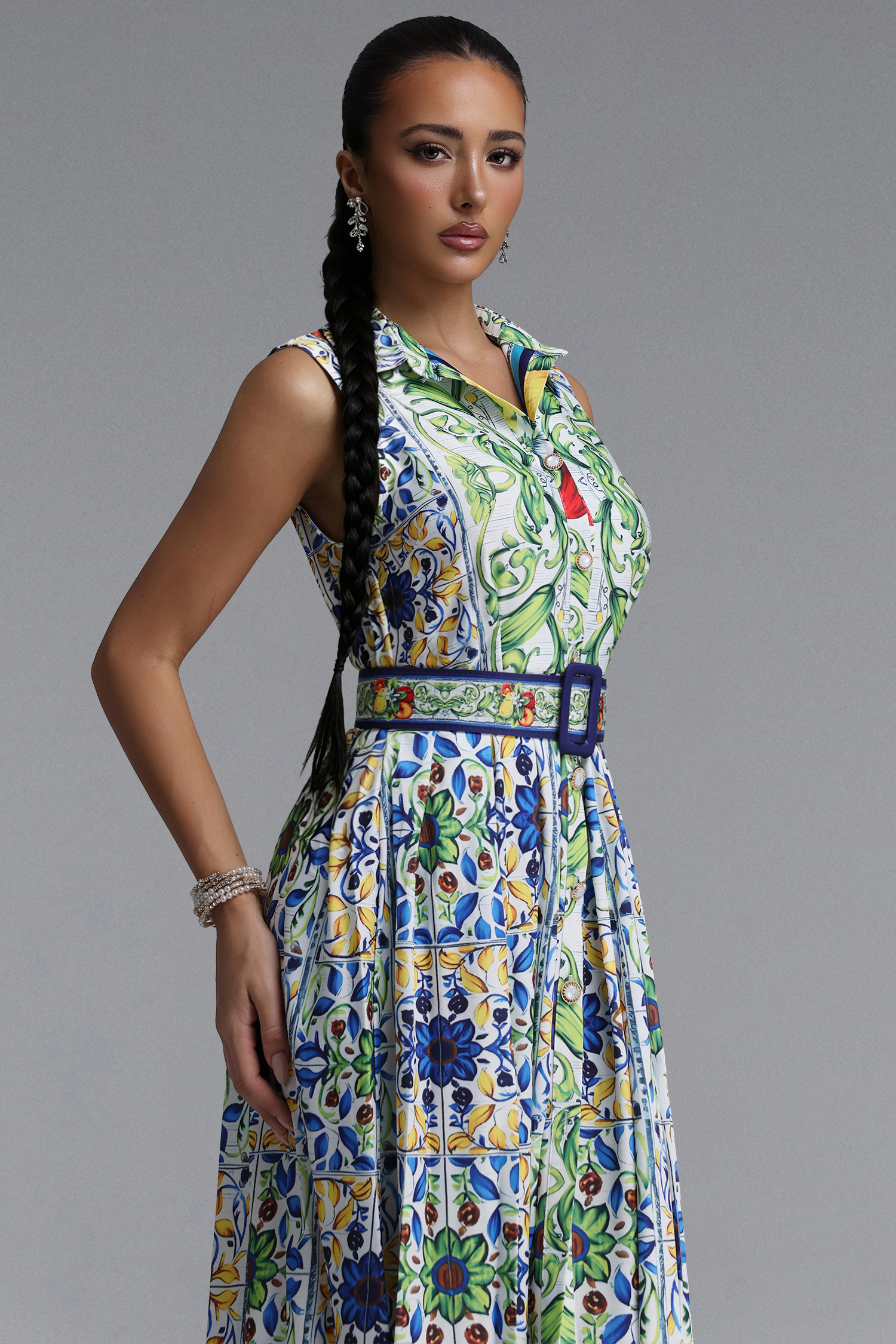 Saffie Resort Tailored Sleeveless Floral Print Woven Midi Dress
