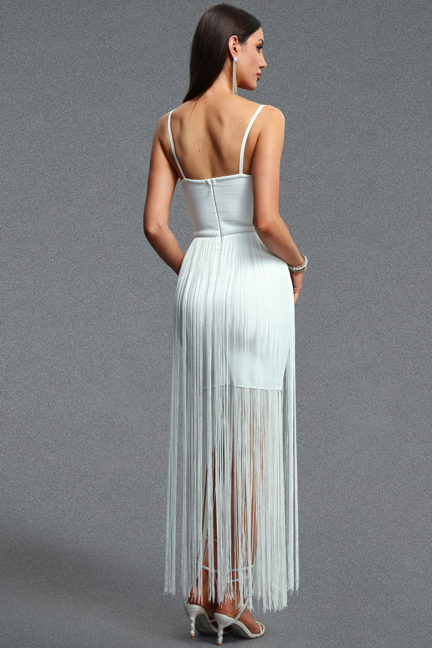 Fakula Minimalist Contour Spaghetti Strap Tassel Bandage Maxi Dress