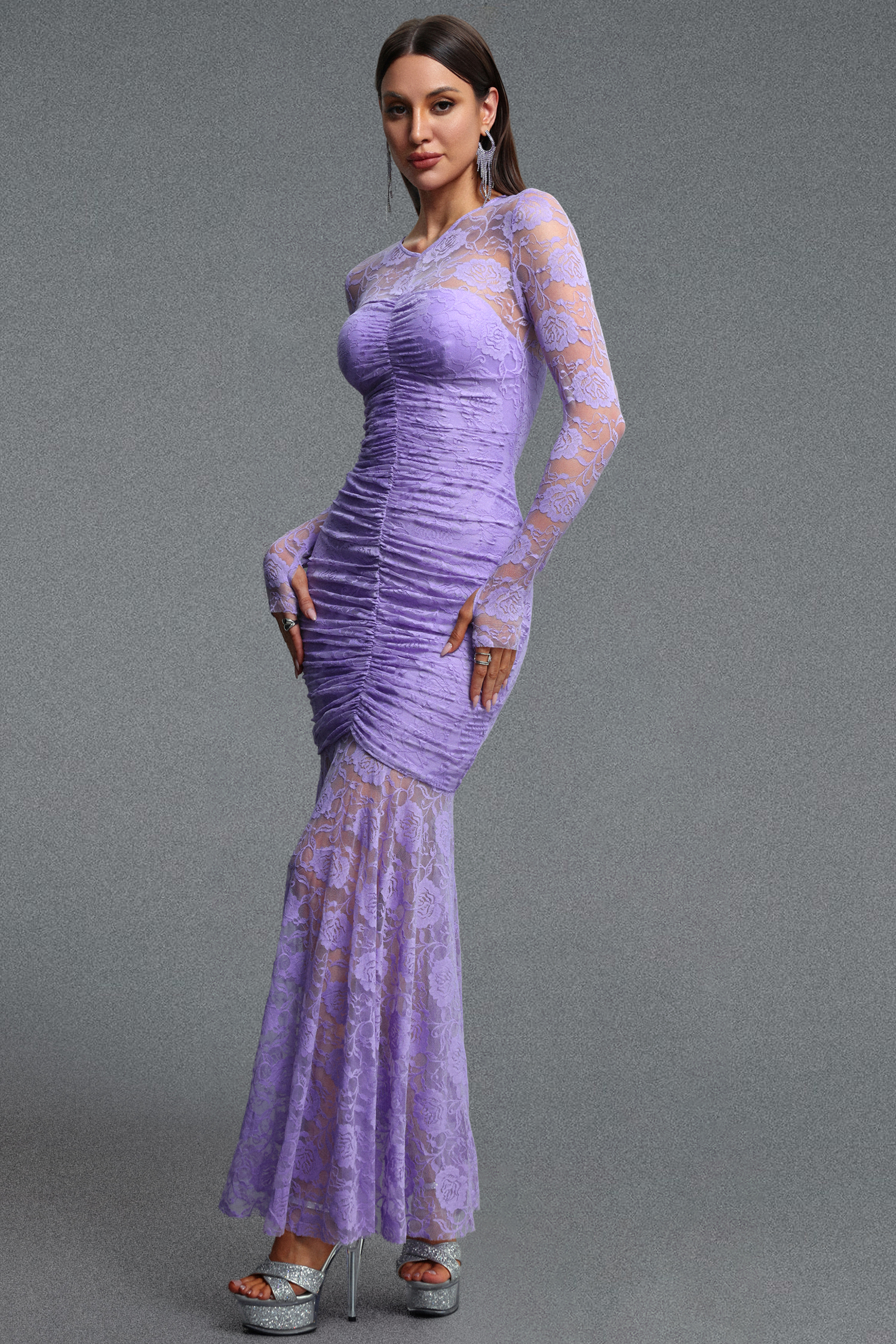 Halee Elegant Cinched Waist Long Sleeve Ruched Mermaid Lace Maxi Dress