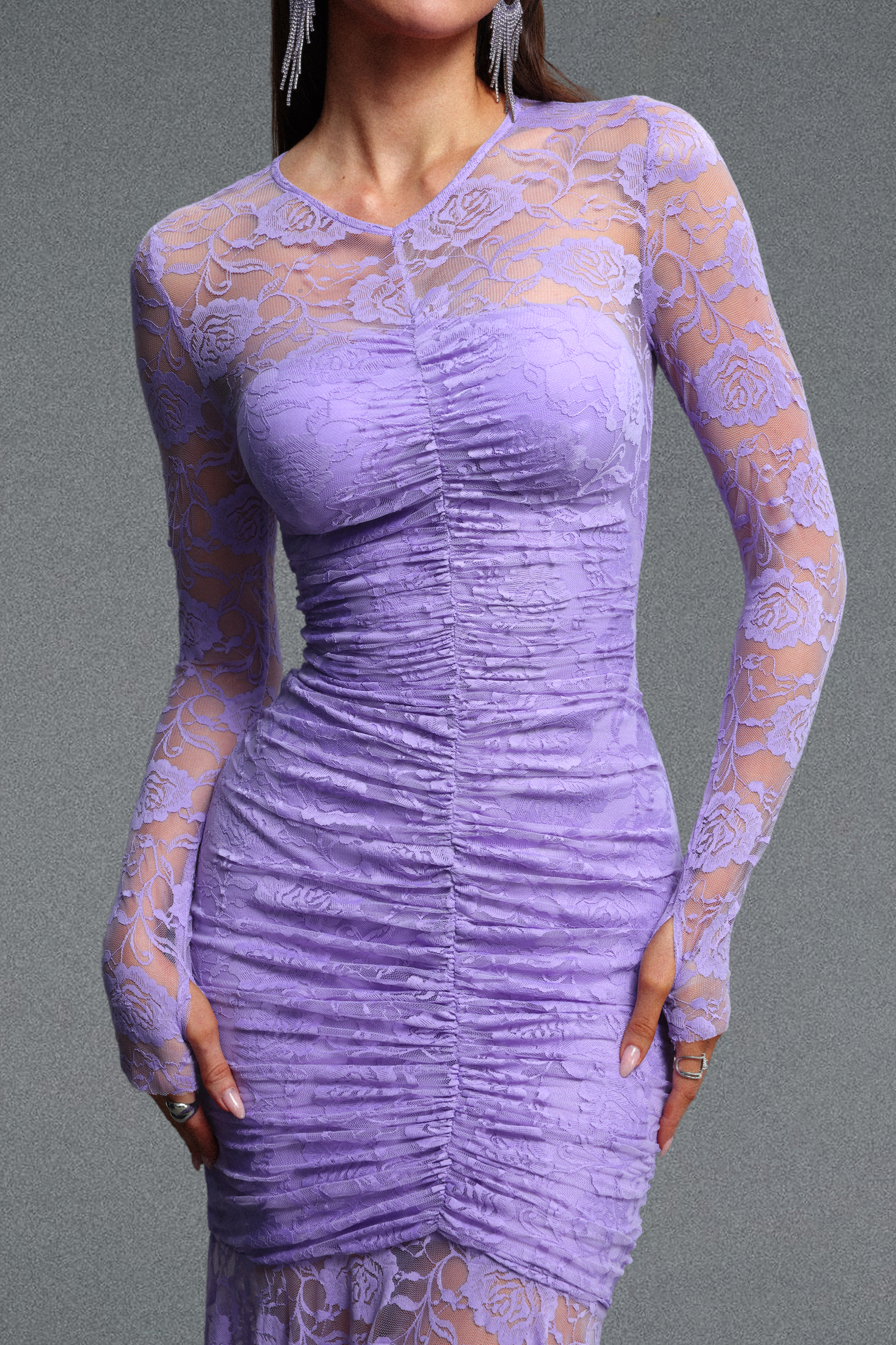 Halee Elegant Cinched Waist Long Sleeve Ruched Mermaid Lace Maxi Dress