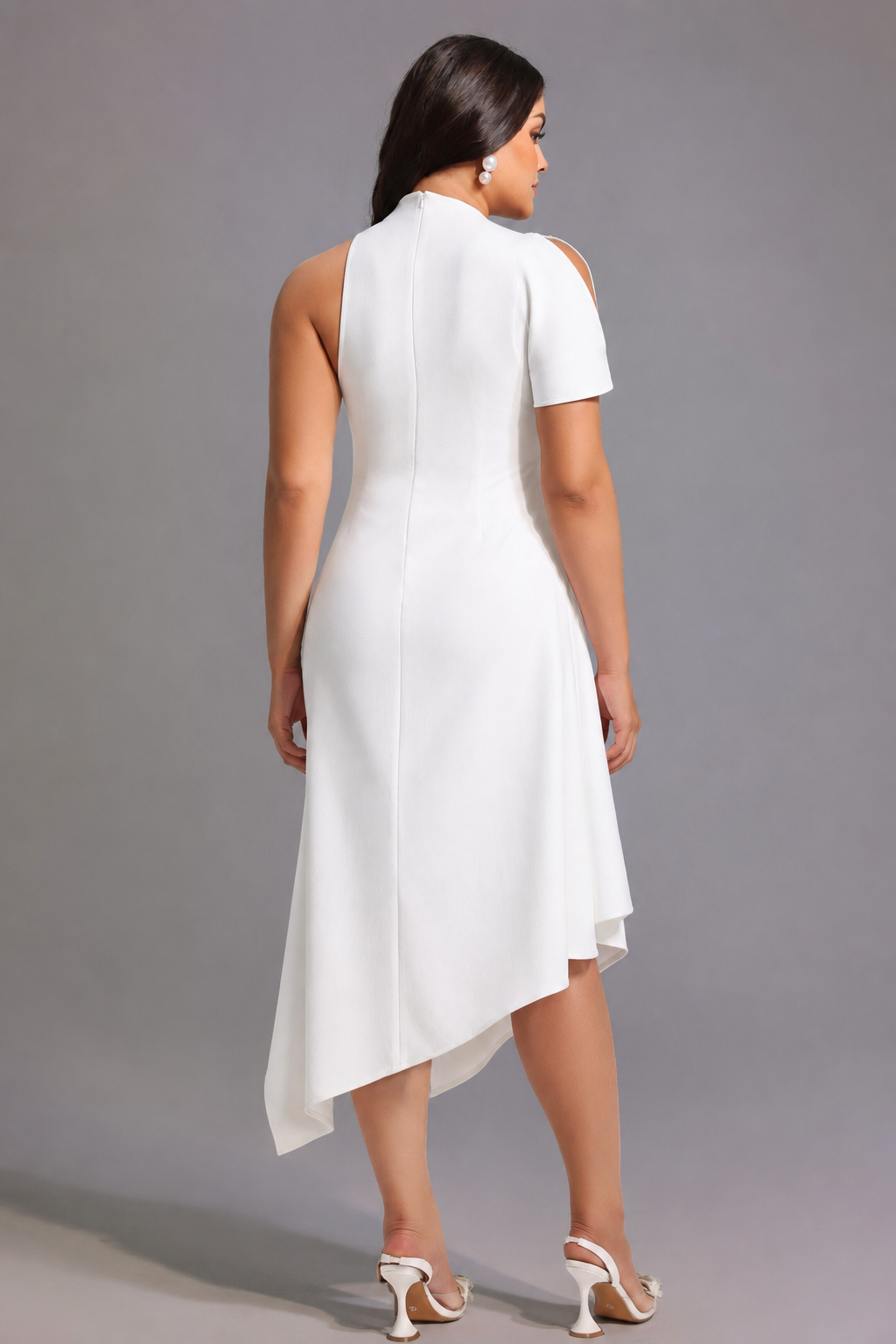 Weren Elegant Contour High Neck Asymmetric Maxi Dress