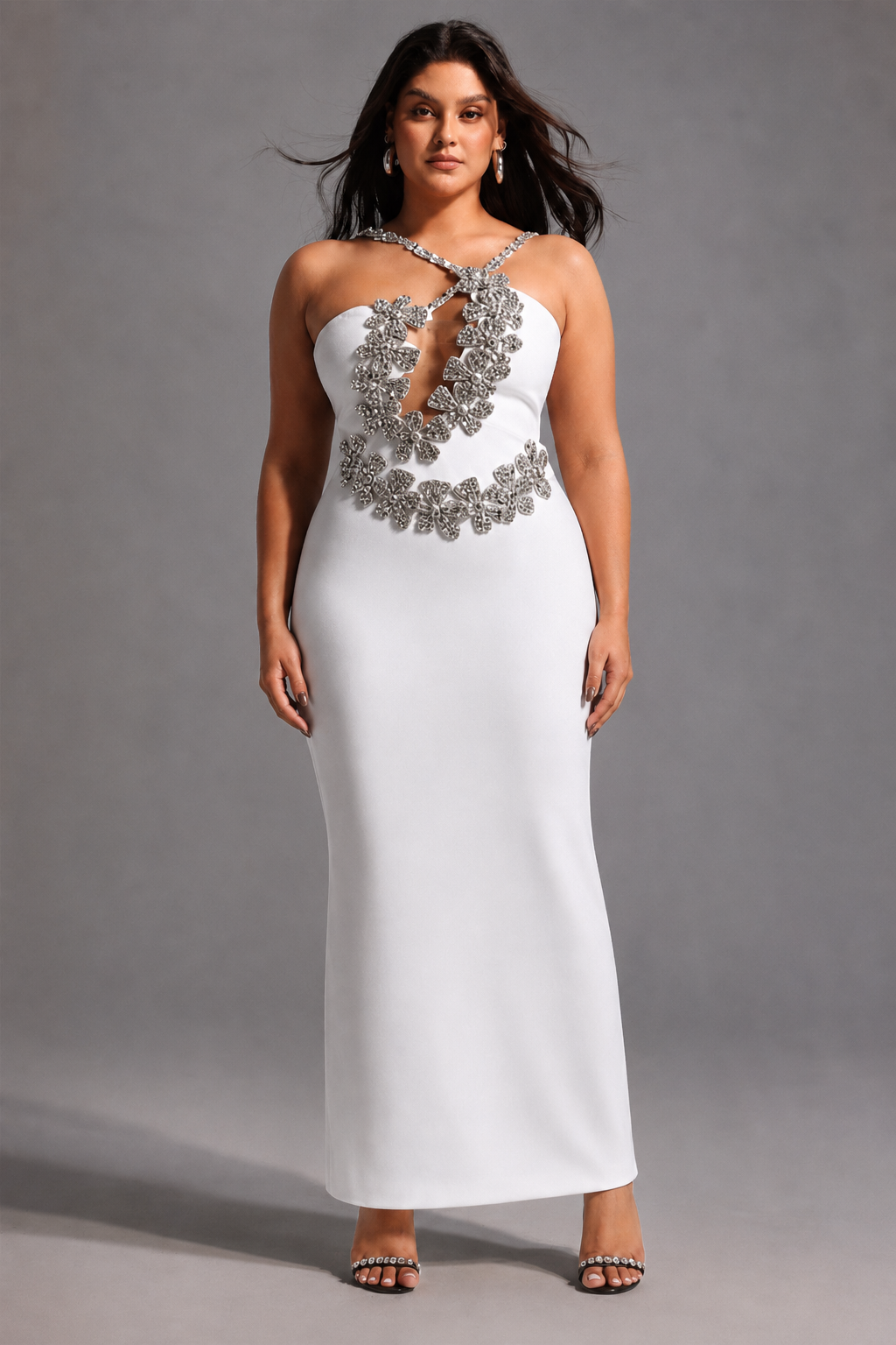 Veronic Glamorous Contour Halter Cut Out Rhinestone Floral Bandage Maxi Dress