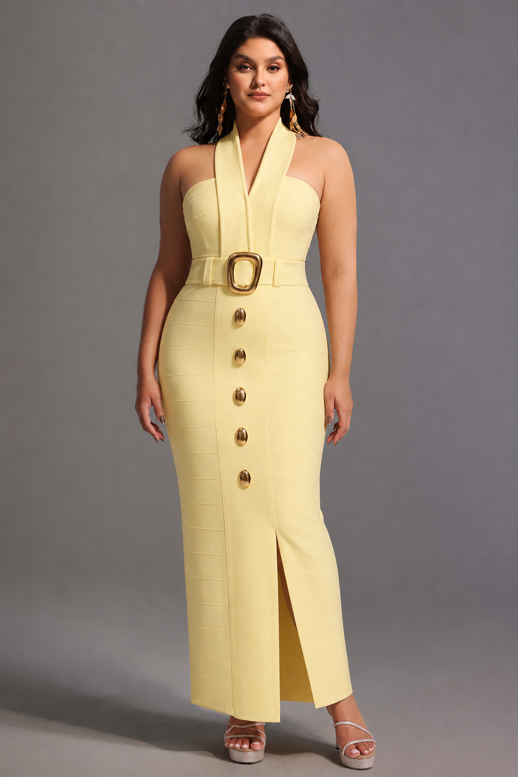 Lanla Chic Contour Halter Metal Buckle Bandage Maxi Dress