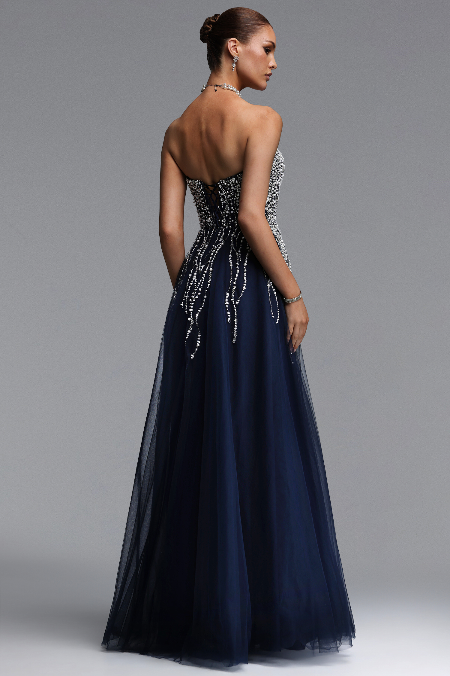 Soloma Glamorous Flowy Strapless Embellished Tulle Maxi Dress