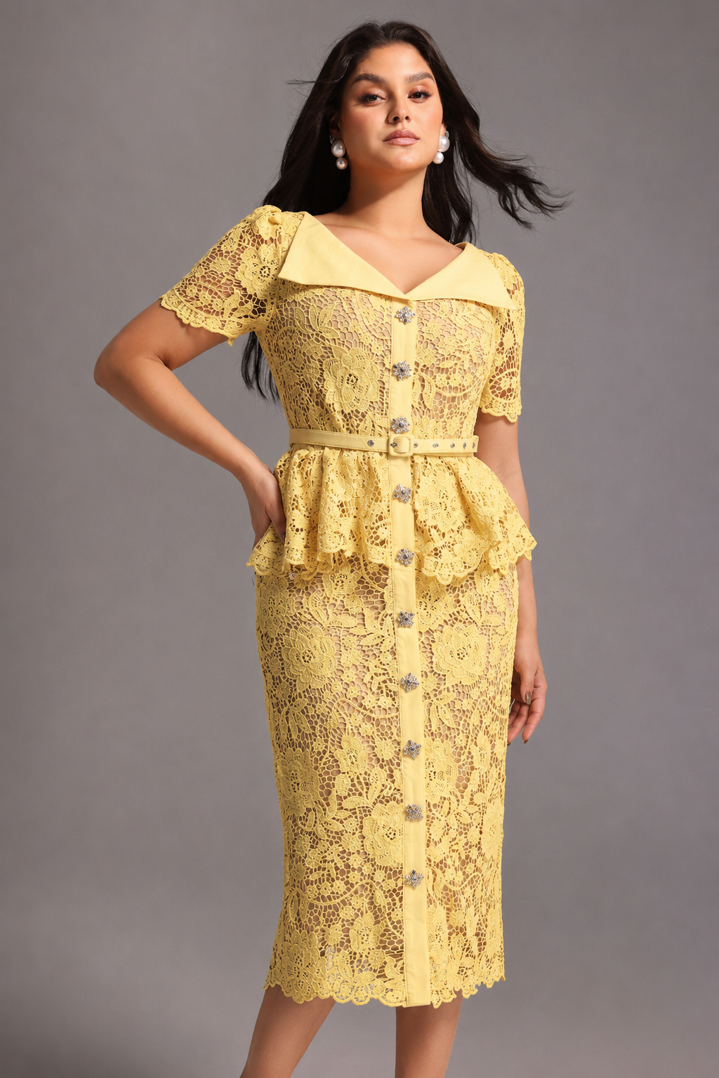 Quinn Elegant Cinched Short Sleeve Floral Lace Maxi Dress