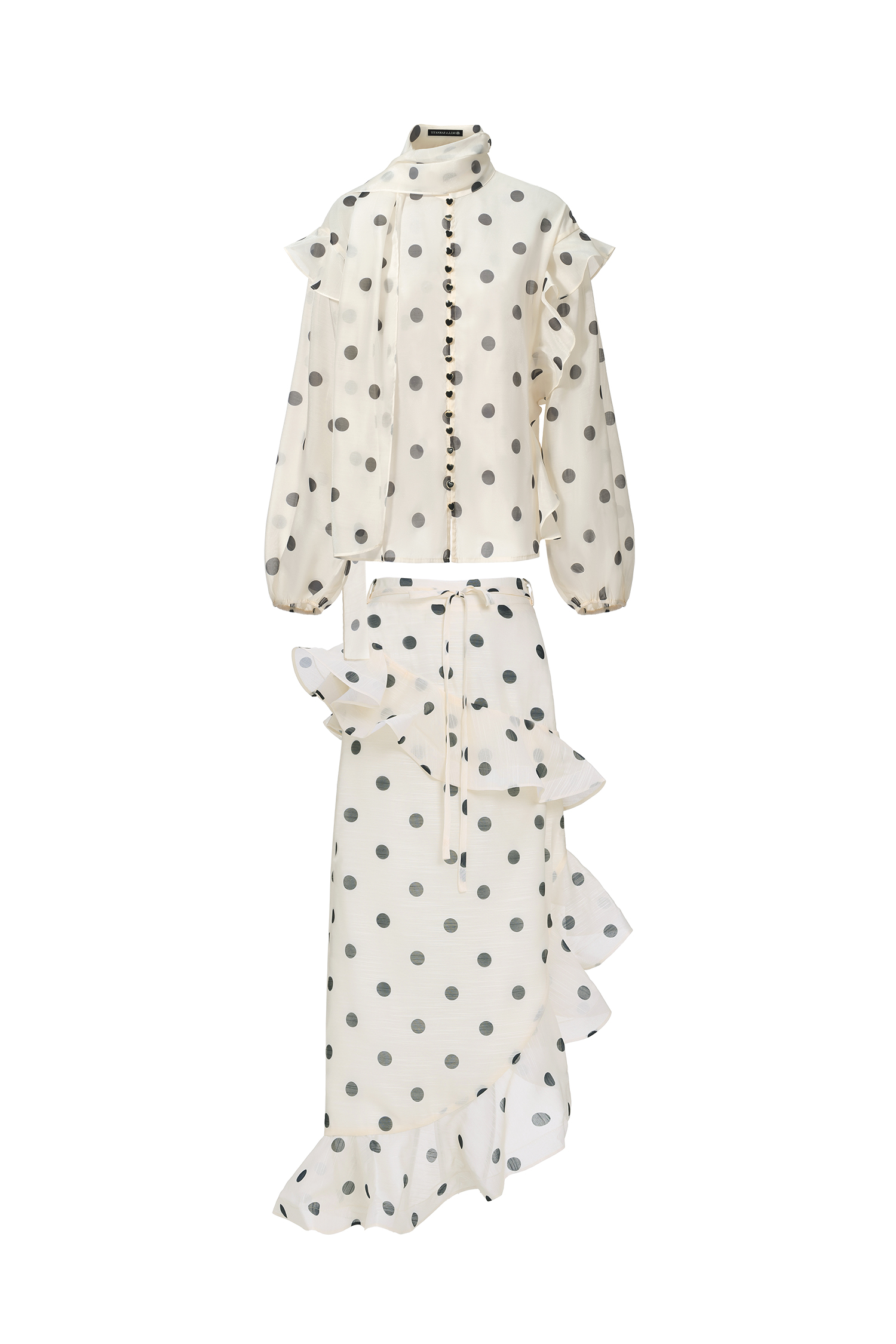 Vleah Streamer Long Sleeves Dot Printed Asymmetric Folds Midi Dress