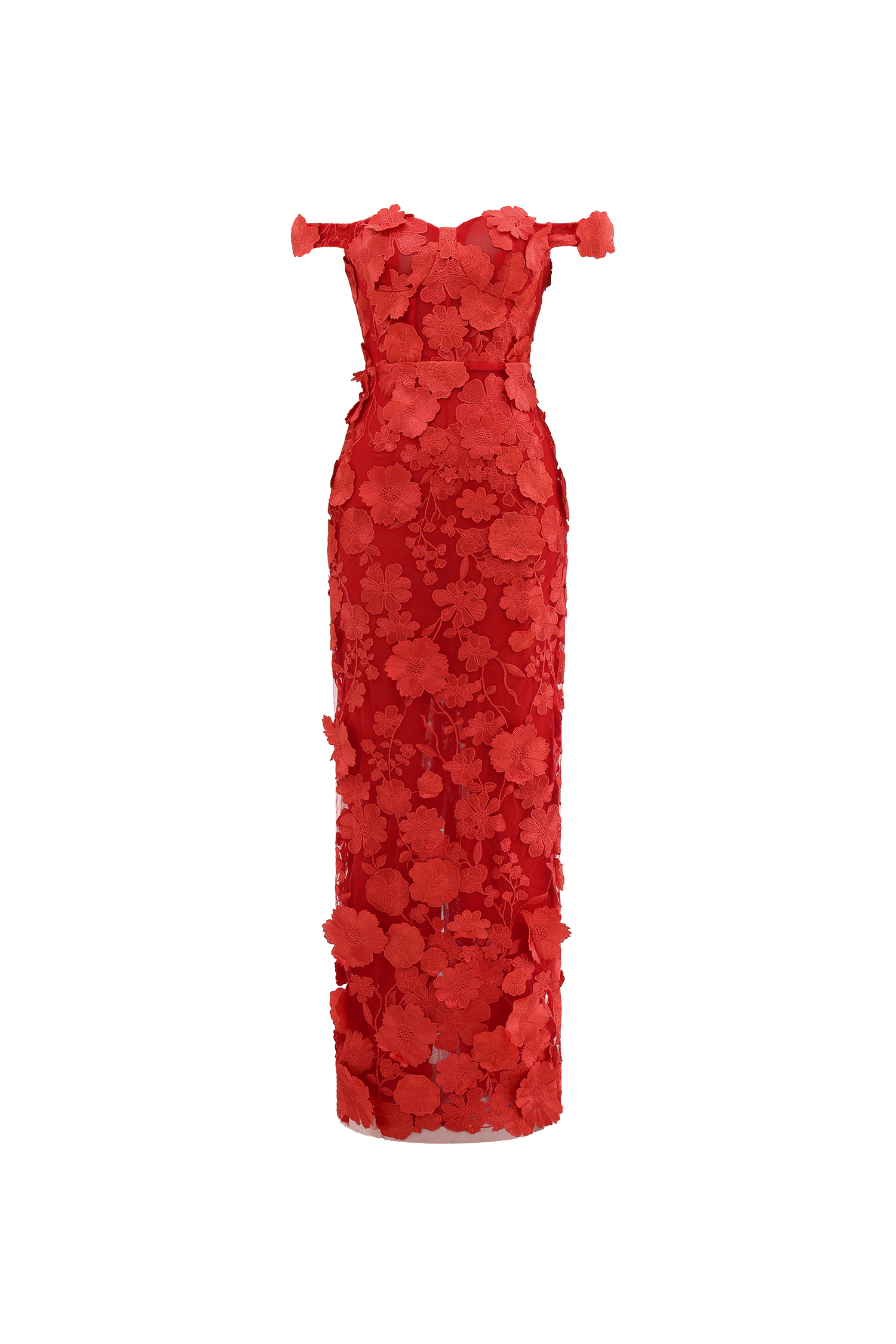 Romantic Tailored Off Shoulder Floral Embroidered Maxi Dress