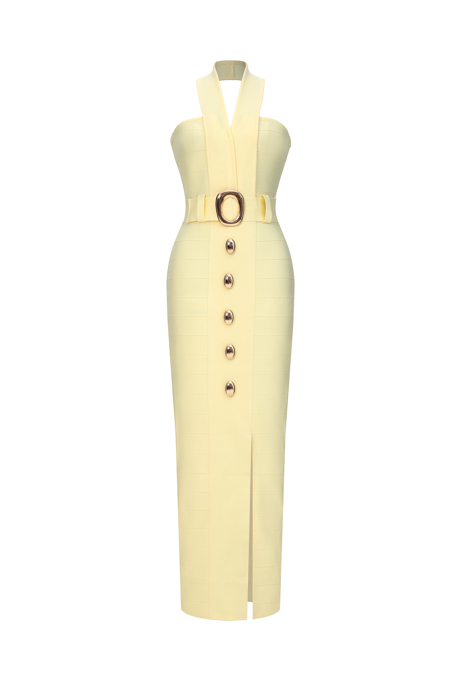 Lanla Chic Contour Halter Metal Buckle Bandage Maxi Dress