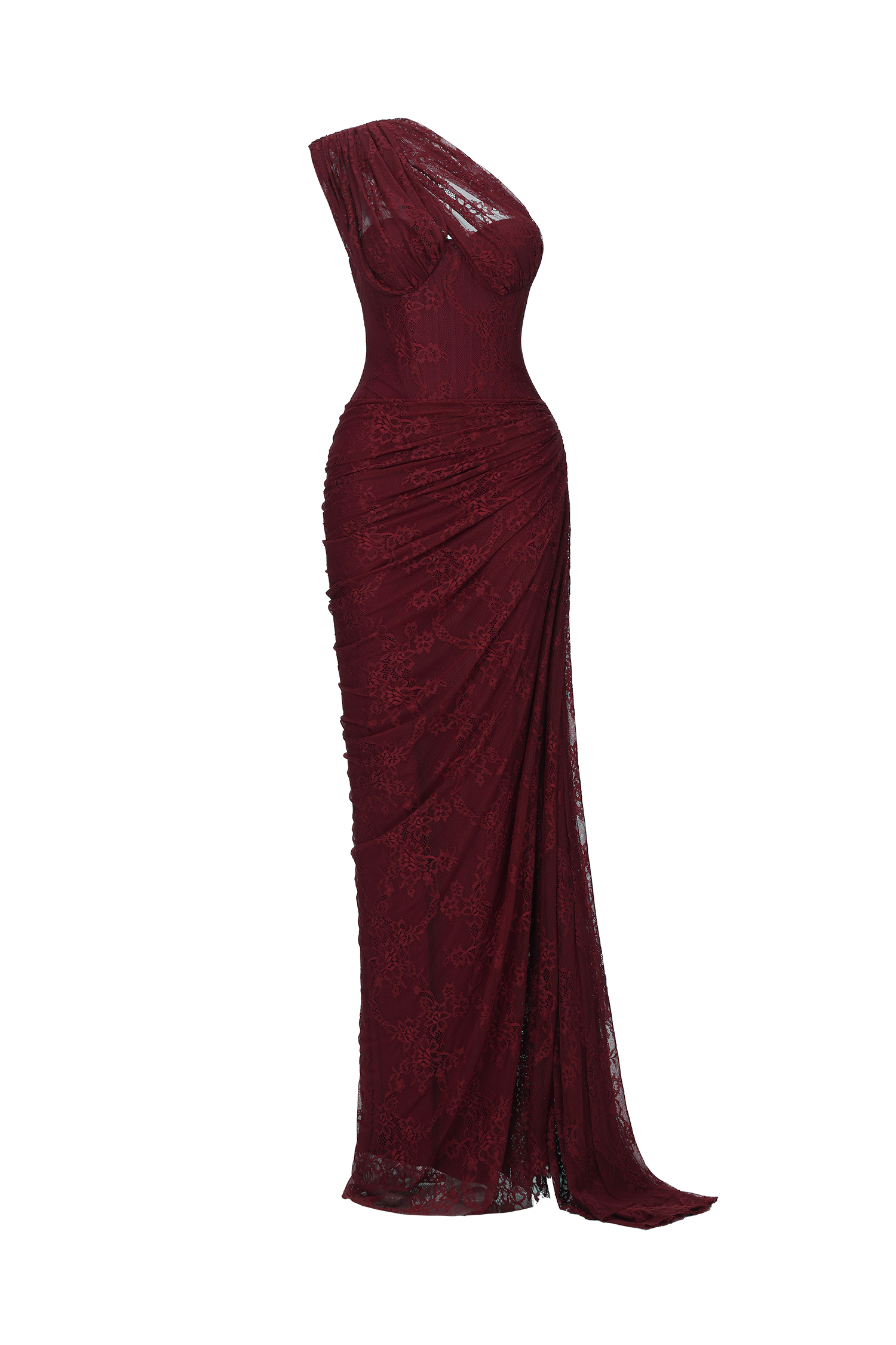 Finch Romantic Contour Sleeveless Ruched Lace Knit Maxi Dress