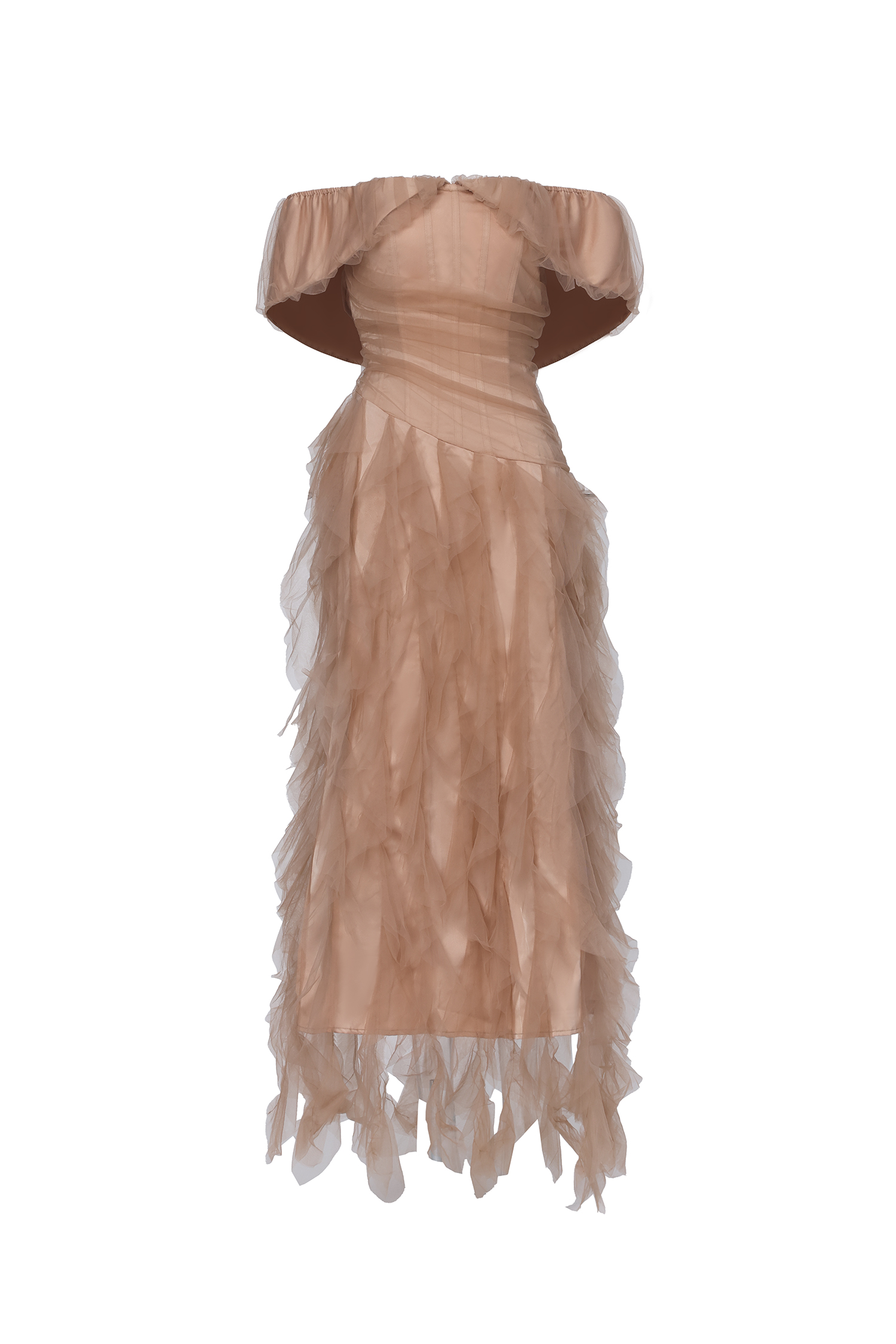 Revie Elegant Flowy Off Shoulder Ruffle Tulle Maxi Dress