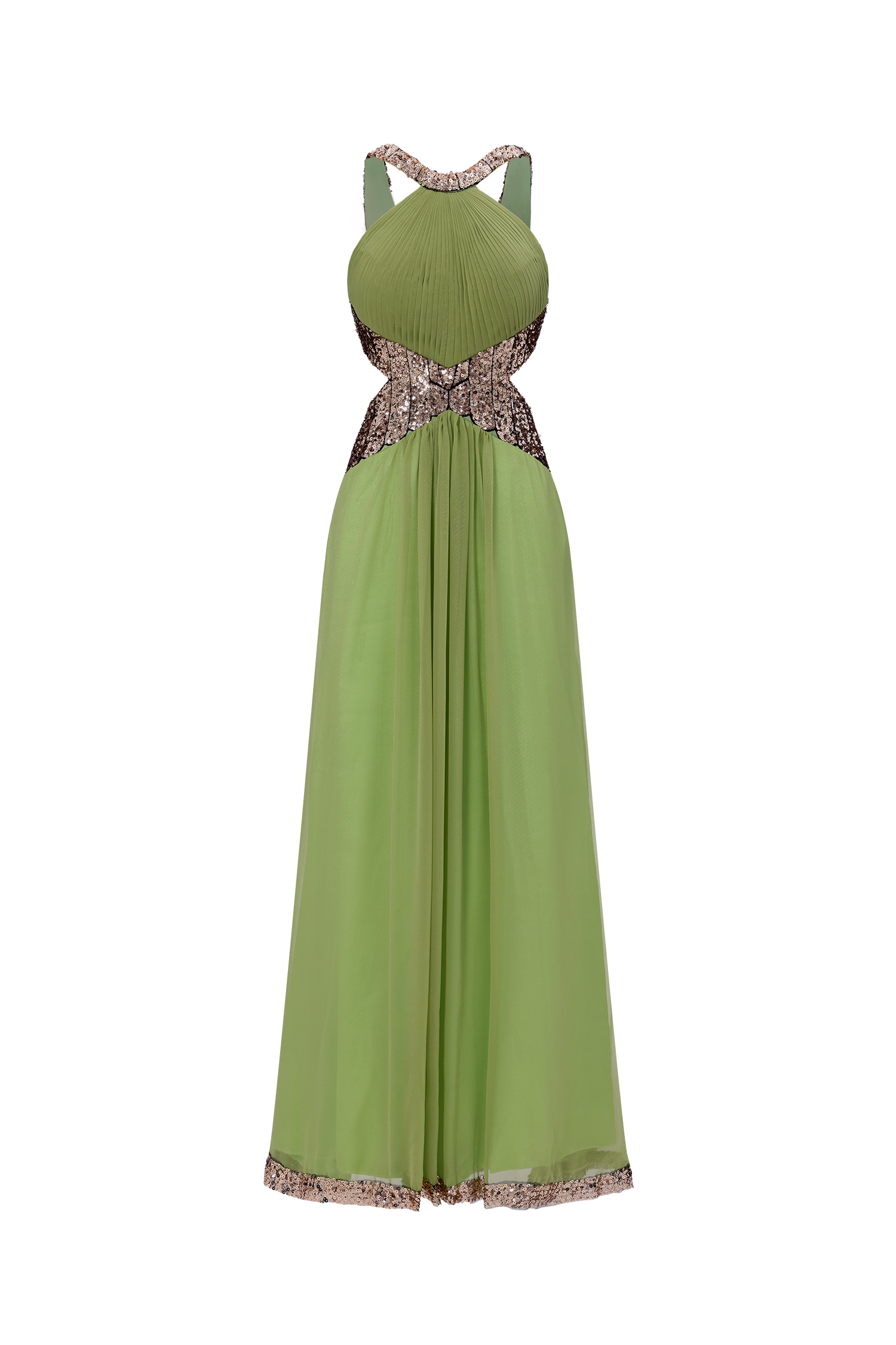 Melisa Chic Flowy Halter Pleated Cut Out Sequin Maxi Dress